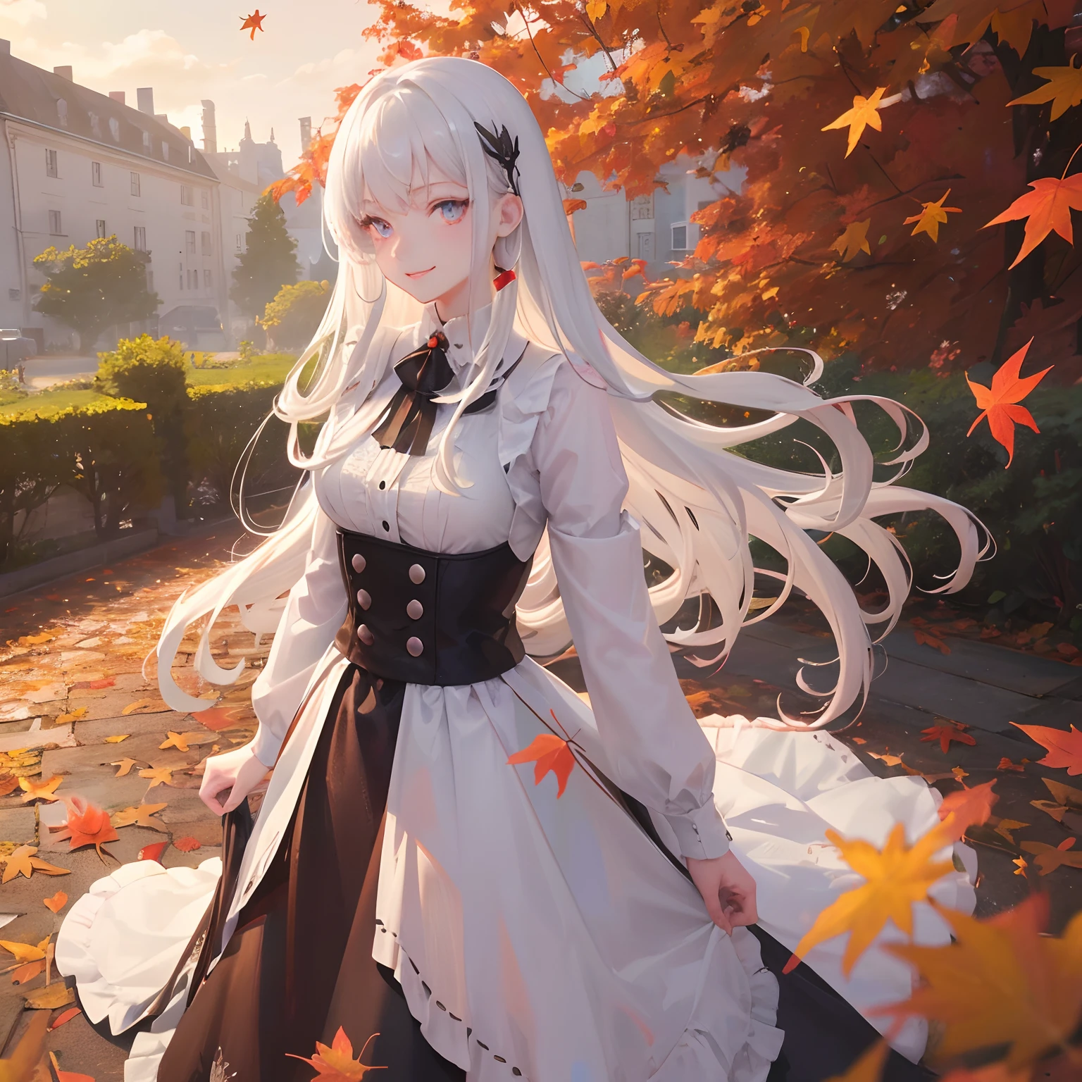 masutepiece, Highest Quality, (Perfect face:1.1), (high detailing:1.1), (ultradetailed eyes), Dramatic,  superfine illustration, Extremely detailed, 1girl in, (pale skin), long white hair, Ethereal eyes, (light eyebrow), ((Lovely smile)), Solo, Long hair, student clothes,Pouty lips, Proud Expression, Laughing, Cinematic lighting, One-person viewpoint, Standing, In the garden, Autumn leaves