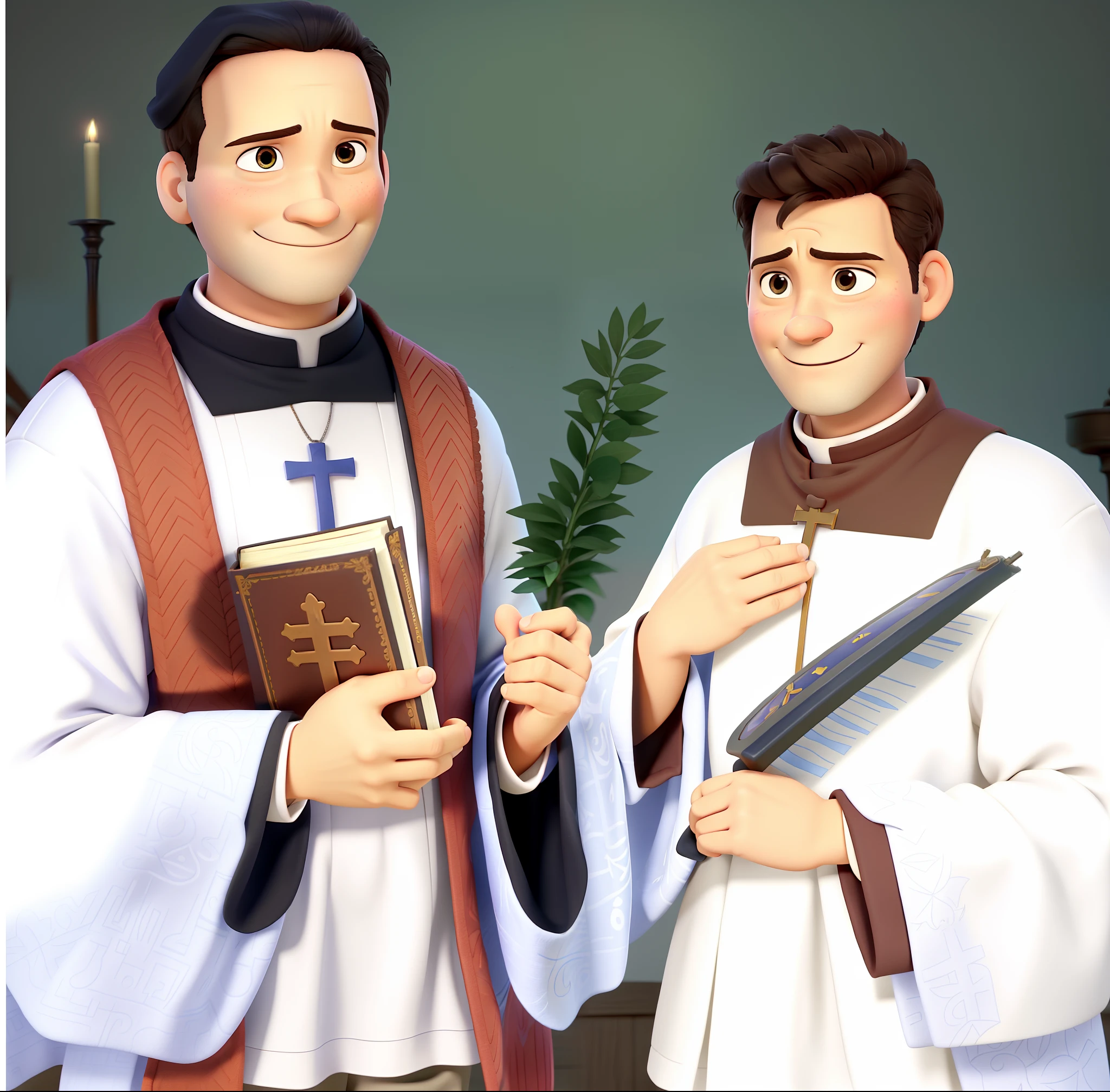 Criar uma imagem estilo Disney pixar a partir da foto, with the priest with a Bible in his hand and the altar boy younger than in the image