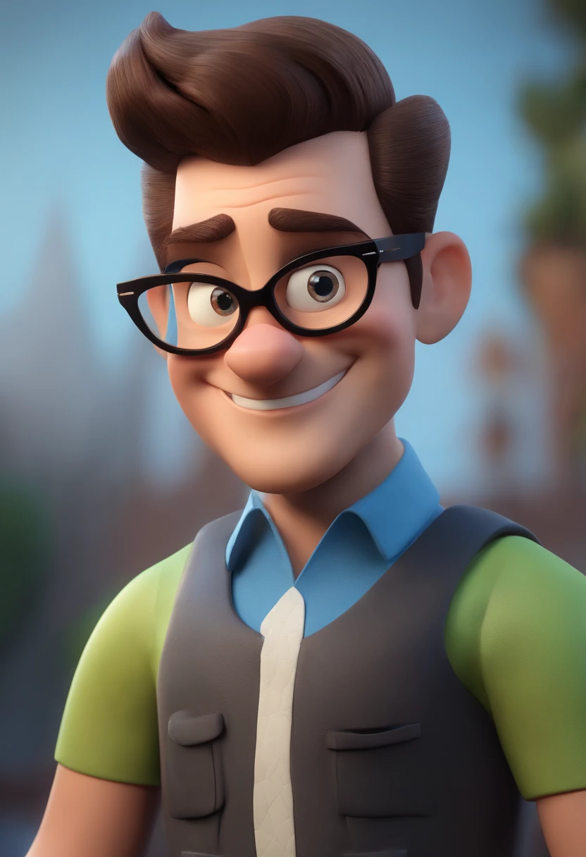 Cartoon character of a man wearing black glasses and a blue shirt, um personagem animado, Caractere estilizado, animation style rendering, 3D estilizado, Arnold Maya render, 3 d render stylized, toon render keyshot, Personagem 3D, Personagem 3D, 3d rendering stylized, 3 d character render, personagem de desenho animado, Personagem de close up, Pose de personagem, (Estilo Pixar) (master part:1.2) (Bokeh) (best quality) (pele detalhada) (textura detalhada) (8k) (argila) (Cinematic lighting) (foco nítido，Senta e vaza a parte superior do corpo