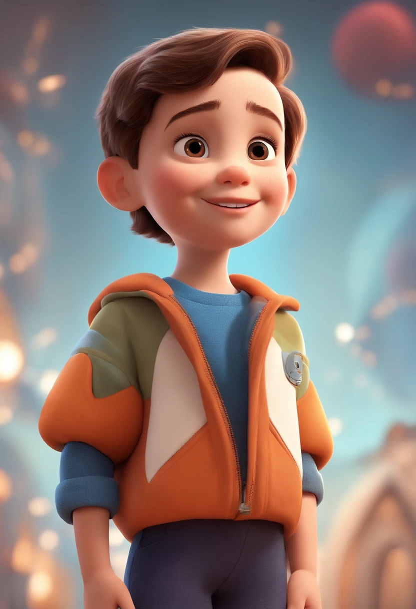 a happy cute  standing short hair, vestindo uma fantasia espacial, , fundo branco, barnet, tom, Estilo Pixar, ..3d, desenhos animados, rosto detalhado, asymmetrical 16k