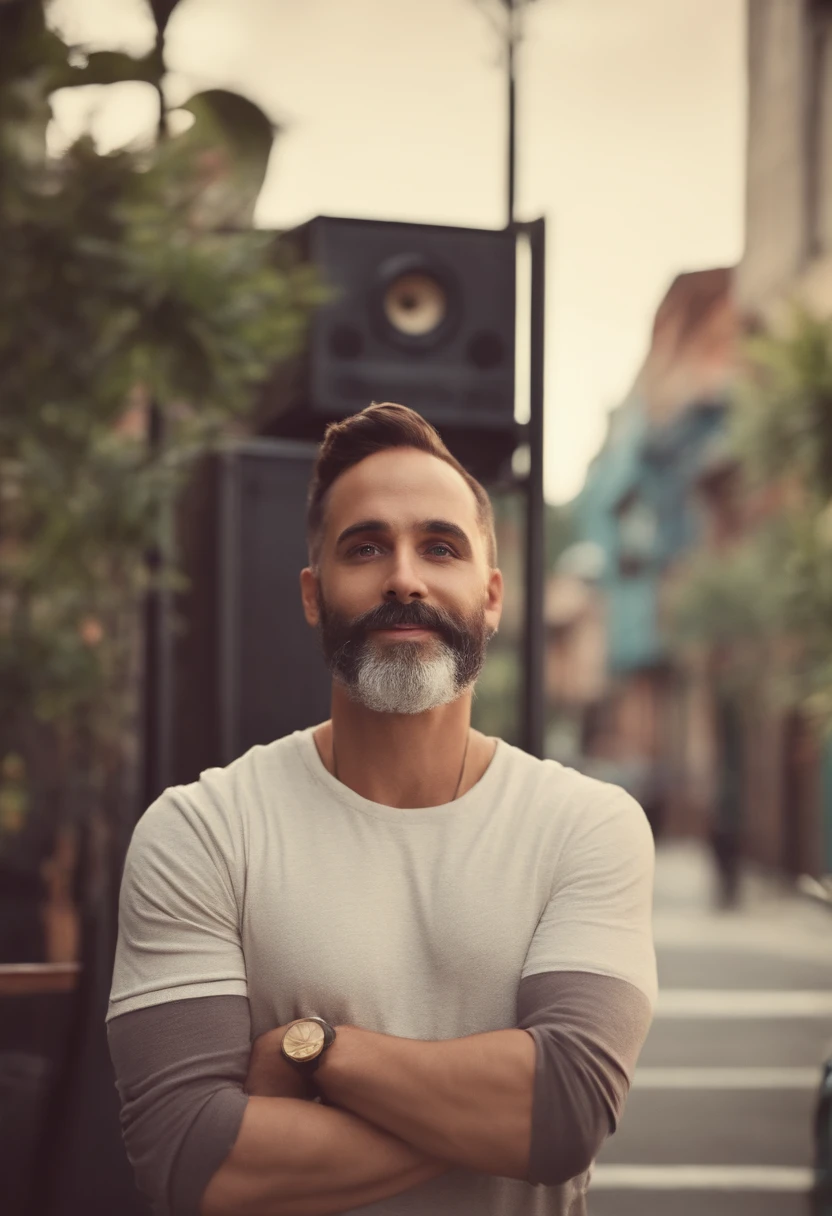 um homem, em breve, barba curta, olhos castanhos, com fones de ouvido, A music studio in the background, Imagem no estilo Pixar, Estilo de filme animado 3D, Disney, camiseta preta