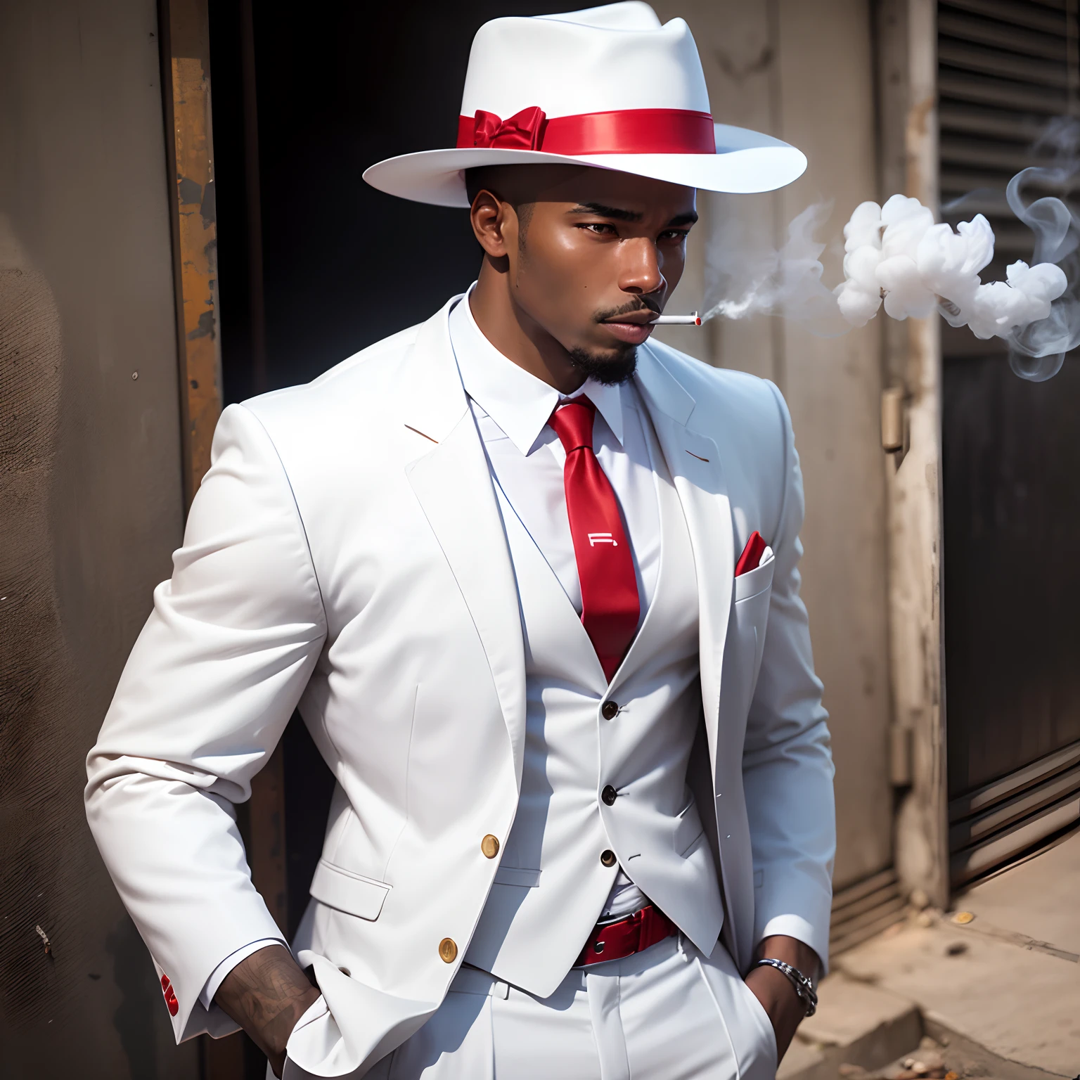 Black man in white suit and red tie, white hat with red ribbon smoking cigarette in the favela