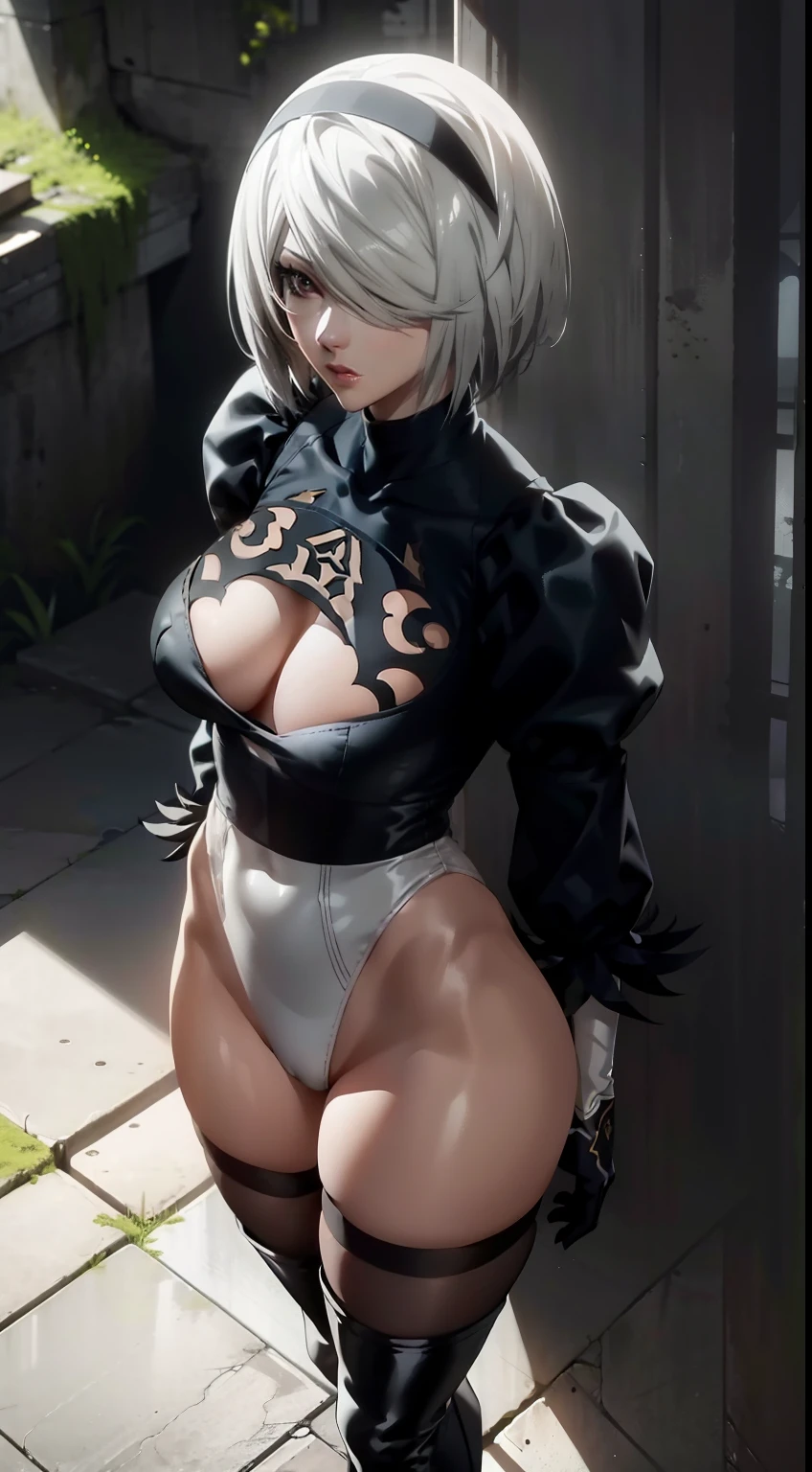 Camera from above, leans forward, Standing on the edge, stands, Camera from above, Frame from above, shapely legs, stands on the edge of the roof, White Hair Bob, ashy hair, The eyes are covered with a bandage, Cyan eyes, black dress with a short skirt, short black skirt, The skirt covers the buttocks, neckline on the chest, white panty, black stockings, high black boots, high-heeled boots, very extremely beautiful, Small firm buttocks, Slender figure, Full-length(Body Full 1.1),Game nier automata, ruined city, The city, overgrown with plants, Ruins, high detail official illustrations, ((beautiful fantasy girl))，Red Small Breasts, Her breasts are sticking out from under her clothes, BREAK (Master Part: 1.2), Best Quality, High Resolution, photorealestic, photogenic, Unity 8k壁纸, (illustartion: 0.8), (Beautiful detailed bluish-gray eyes: 1.6), extremely detailed face, perfect  lighting, extremely detailed CGI , (perfect arms, perfect anatomy), A girl with perfect breasts, beatiful face, master study, intricate details, Detalhes realistas, the anime, (Based on nier automata) the perfect body, The Perfect Girl, perfect details, Ultra HD |, 8K, Professional photo, 2B Sexy Body,