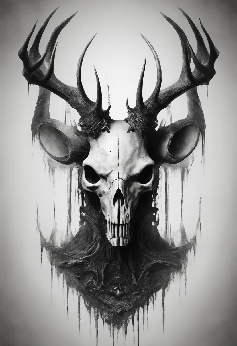 Deer skull with five eyes and four antlers, hyper-realistic, artistic, tudo preto e branco