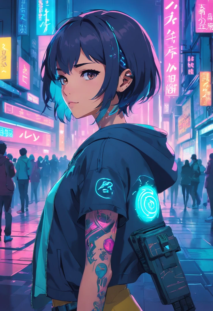 cyberpunk girl, Stadtbild, Neonlichter, Arm-Tattoos