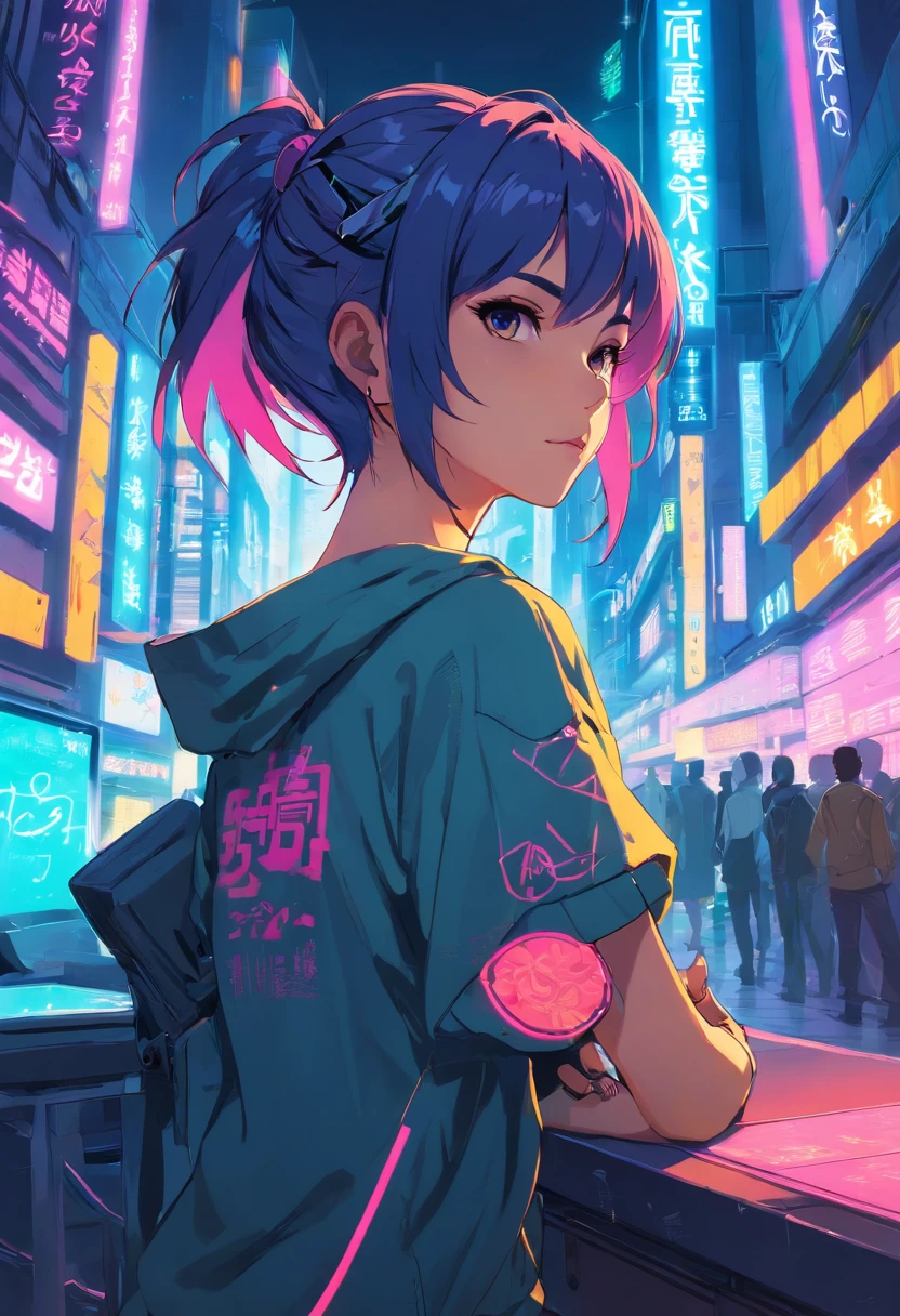 cyberpunk girl, Stadtbild, Neonlichter, Arm-Tattoos