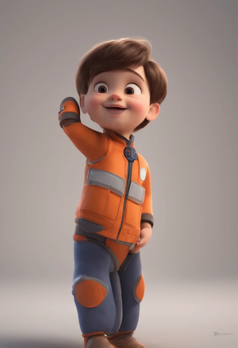 a happy cute kid standing short hair, vestindo uma fantasia espacial, , fundo branco, barnet, toon, estilo pixar, 3d, desenhos animados, rosto detalhado, asymmetrical 16k