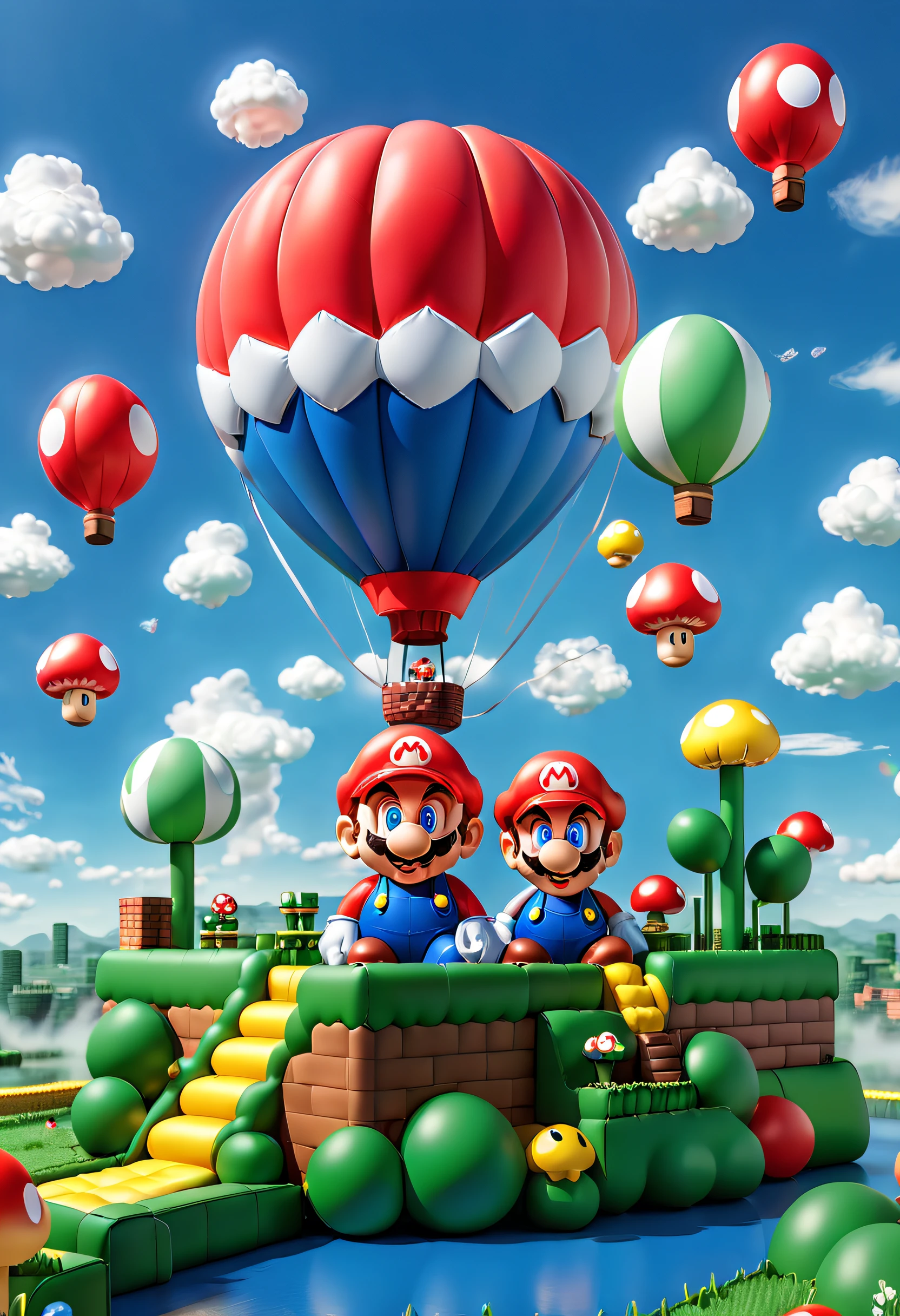 (Best quality,A high resolution:1.2),Ultra-detailed,Realistic,In a brilliant and colorful sky，A giant hot air balloon floats slowly。This hot air balloon look is completely inspired by the world of the Super Mario game，Decorate with Mario、Luigi、Iconic motifs such as mushrooms and gold coins。The hot air balloon itself takes on a vivid red and blue hue，Present vivid visuals。Its base is decorated with elements of a classic Mario background，Such as grass、clouds and water pipes,Pop Mart blind box,Toy elements,a 3D render,Pixel art style,Playful,A cheerful palette,Studio lighting