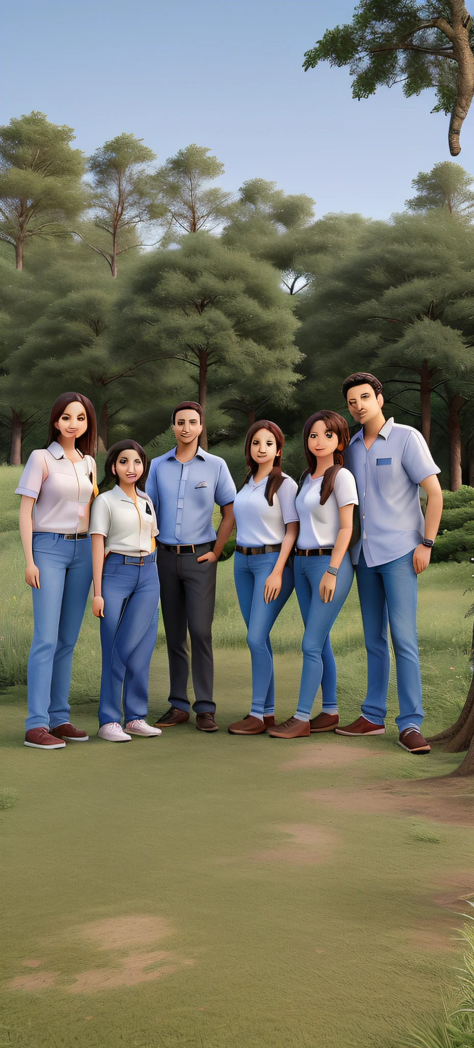 Four women and two men standing with trees in the background
