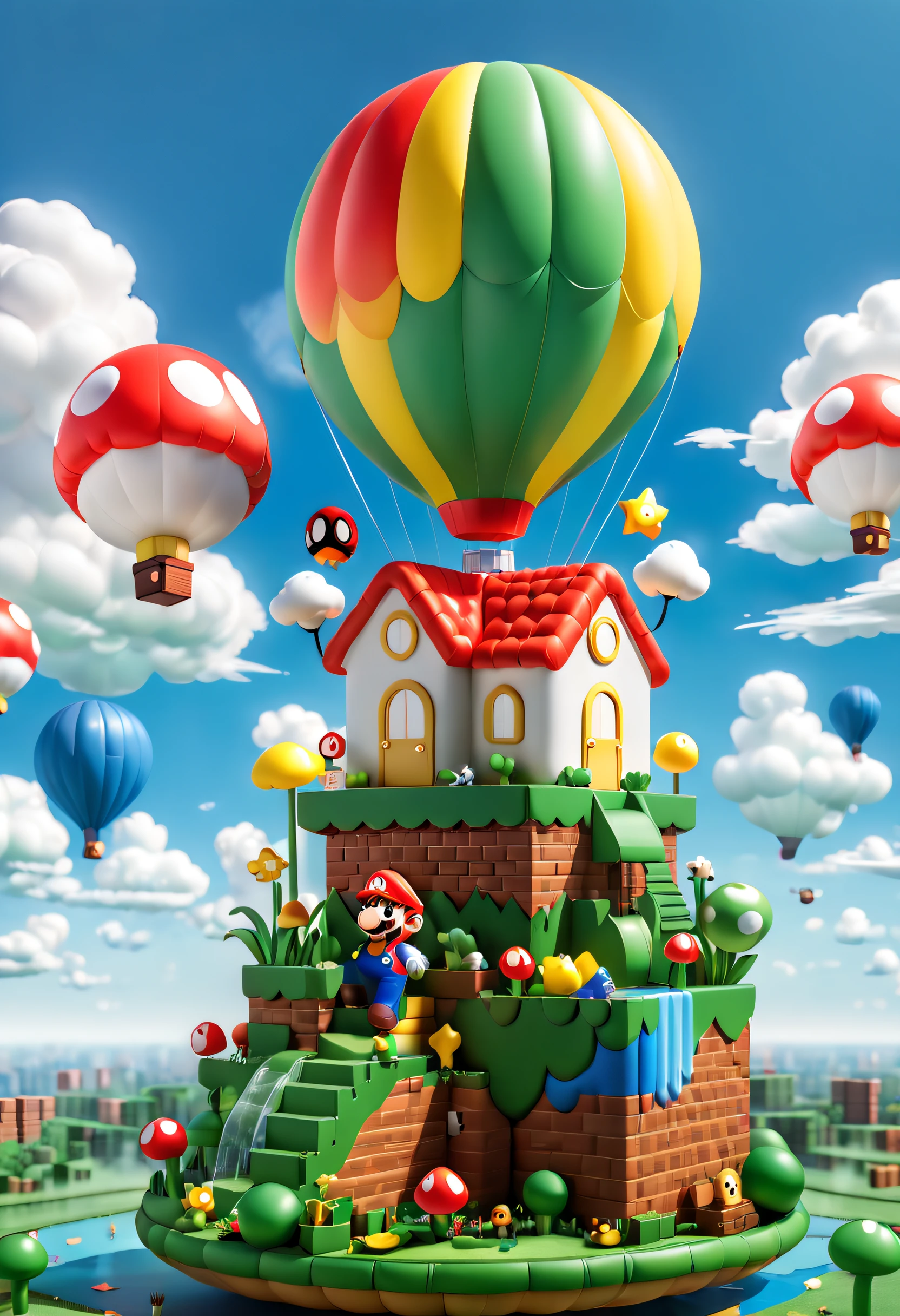 (Best quality,A high resolution:1.2),Ultra-detailed,Realistic,In a brilliant and colorful sky,A giant hot air balloon floats slowly。This hot air balloon look is completely inspired by the world of the Super Mario game,Decorate with Mario、Luigi、Iconic motifs such as mushrooms and gold coins。The hot air balloon itself takes on a vivid red and blue hue,Present vivid visuals。Its base is decorated with elements of a classic Mario background,Such as grass、clouds and water pipes,Pop Mart blind box,Toy elements,a 3D render,Pixel art style,Playful,A cheerful palette,Studio lighting