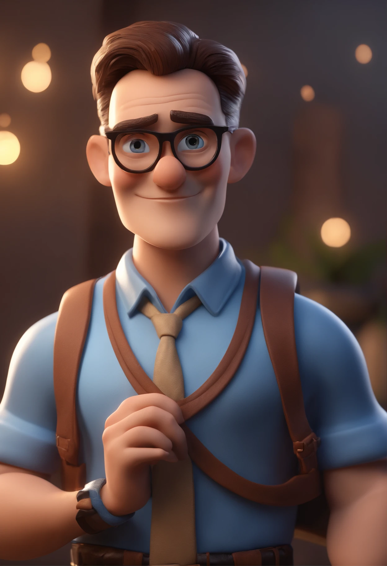 Cartoon character of a man with black glasses and a blue shirt, animation character, Caractere estilizado, animation style rendering, 3D estilizado, Arnold Maya render, 3 d render stylized, toon render keyshot, Personagem 3D, Personagem 3D, 3d rendering stylized, 3 d character render, personagem de desenho animado, Personagem de close up, Pose de personagem,  (Estilo Pixar) (master part:1.2) (Bokeh) (best quality) (pele detalhada) (textura detalhada) (8k) (argila) (Cinematic lighting) (foco nítido
