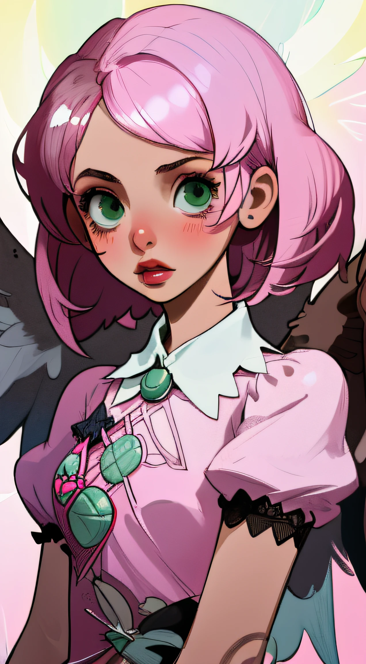 Alisa bosconovitch, melhor qualidade, contemporary, estilo plano, minimalismo, Green Eyes Flat Illustration, cabelo rosa, cabelo curto, cabelos multicoloridos, Camisa Preta, mechanical wings, Head Portrait Close-U, peito pontudo, decote, super decote, middlebreasts, Tekken，cabelo rosa pastel, 1girl, em quimono, hand-painted，Desenho de linha sem cor, colorida do yandere pastel, Tekken, Super cute pink hair girl with gothic makeup on the side, com roupa de empregada，figura esbelta，robusto，He sat on the floor，Vestido com roupas de empregada rosa e branco，cabelos muito curtos，com orelhas de gato，quadratic element，, kawaii cor-de-rosa na roupa da era de 1910, Alisa Bosconovich pink lips, no estilo da paleta de cores suave aurorapunk, an anime illustration of his face, gifs animados, hand drawn animation, charming sketches, suave e brilhante, romantismo nebuloso, Estilo Superflat, fundo branco - ar 1:1 - niji 5 - estilo expressivo --s 50 ,Pink kawaii girl in the era of 1920s clothesPink eagles, vestindo uma camisa branca brilhante, no estilo da paleta de cores suave aurorapunk, an anime illustration of his face, gifs animados, hand drawn animation, charming sketches, suave e brilhante, romantismo nebuloso, Estilo Superflat, fundo branco - ar 1:1 - niji 5 - estilo expressivo --s 50, Absurdo, Alto, ultra detalhados, (1girl:1.3), quebrar , Crie uma imagem com uma bela caligrafia