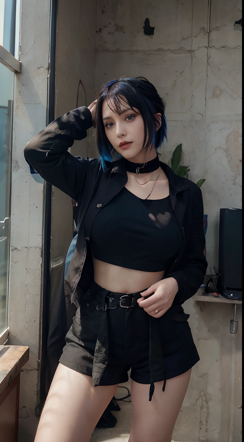 masterpiece, best quality,3d rending work ,3DMM style,close-up,portrait, 3D,1girl, solo, multicolored hair, blue hair, black hair, necklace, freckles, jewelry, two-tone hair, looking to the side, realistic, upper body, simple background, bangs, looking away, short hair, parted lips, blue eyes, red lips, gothic, choker, makeup, mole, black shirt, shirt, sakura haruno from boruto naruto next generation uses indonesian high school uniform with sexy pose