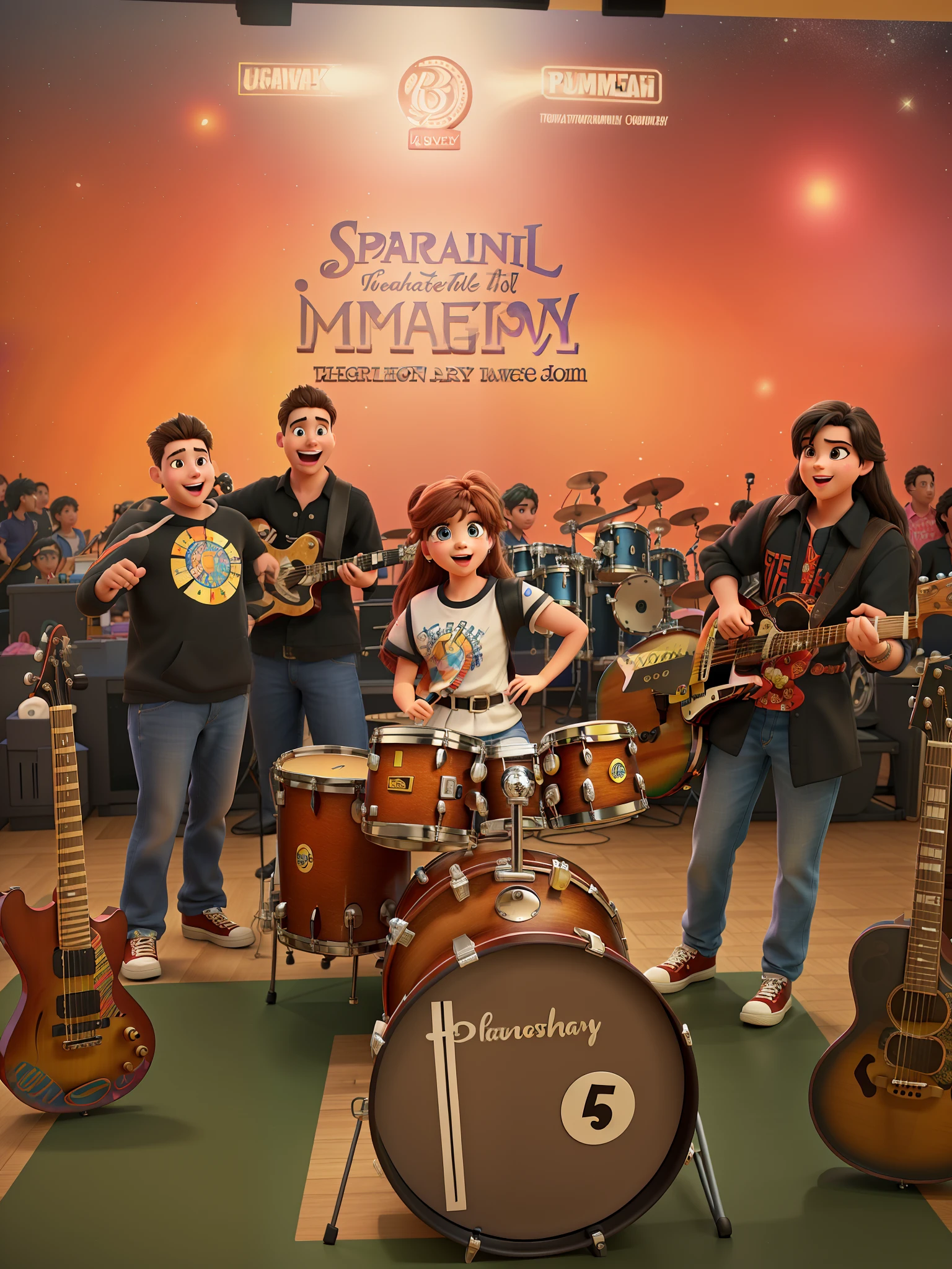 (a boy,a girl,a man,a woman) forming a rock band,guitarists,singers,drummers,bassist,keyboardists,
beautiful detailed eyes,beautiful detailed lips,extremely detailed eyes and face,long eyelashes,long hair,
colorful costumes,energetic poses,expressive emotions,happy and excited,performing on a big stage,
colorful and vibrant background,sparkling stage lights,dynamic and lively atmosphere,interaction with the audience,
musical instruments with intricate details,amazing talent and skills,perfect synchronization,
magnificent performance,captivating melodies and lyrics, Disney Pixar style animation,
ultra-detailed characters and backgrounds,photorealistic illustrations,professionally produced,
high-resolution images,UHD 4K rendering,sharp focus and fine details,vibrant and vivid colors,
magical lighting effects,great attention to every aspect,creating a masterpiece of art.
