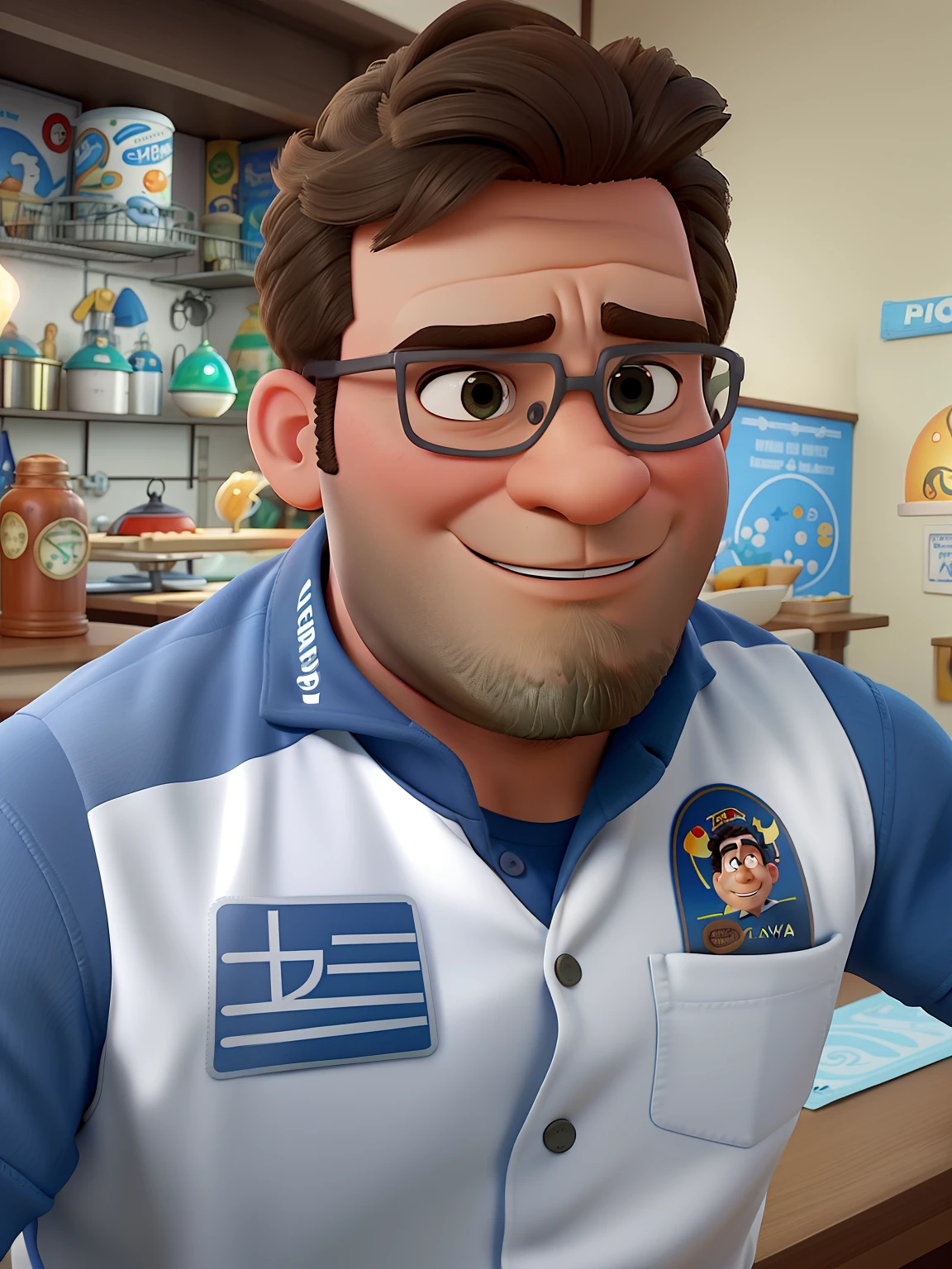 Poster no estilo Disney pixar, alta qualidade, melhor qualidade, homem sexy branco, 30 anos cabelo grisalho barba preta, musculoso, com fundo em um restaurante a luz de velas
