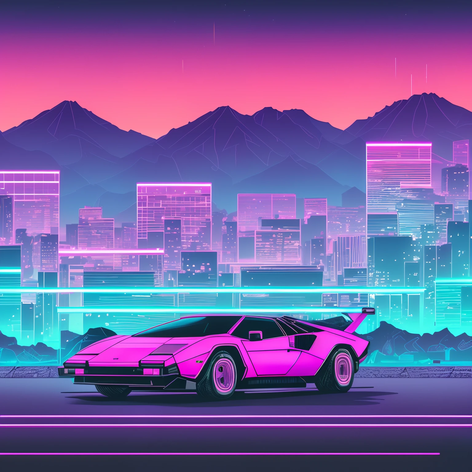retrowave. 1982 lamborghini countach 500 S model on the road road,  purple neon lights, sun, mountain, 
(masterpiece,detailed,highres), (nvinkpunk: 1.2) supercarro, solo, estilo snthwve, onda de luz, sun sunset, intrincada, altamente detalhada