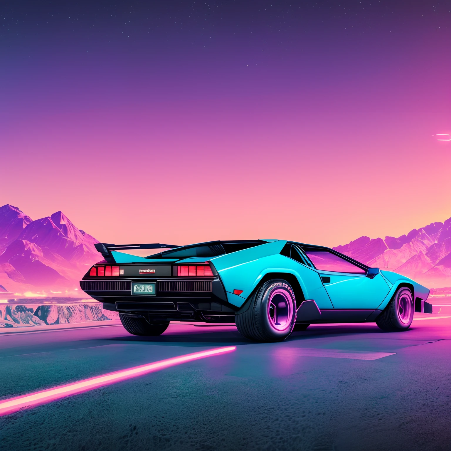 retrowave. 1982 lamborghini countach 500 S model on the road road, purple neon lights, sun, mountain,
(masterpiece,detailed,highres), (nvinkpunk: 1.2) supercarro, solo, estilo snthwve, onda de luz, sun sunset, intrincada, altamente detalhada