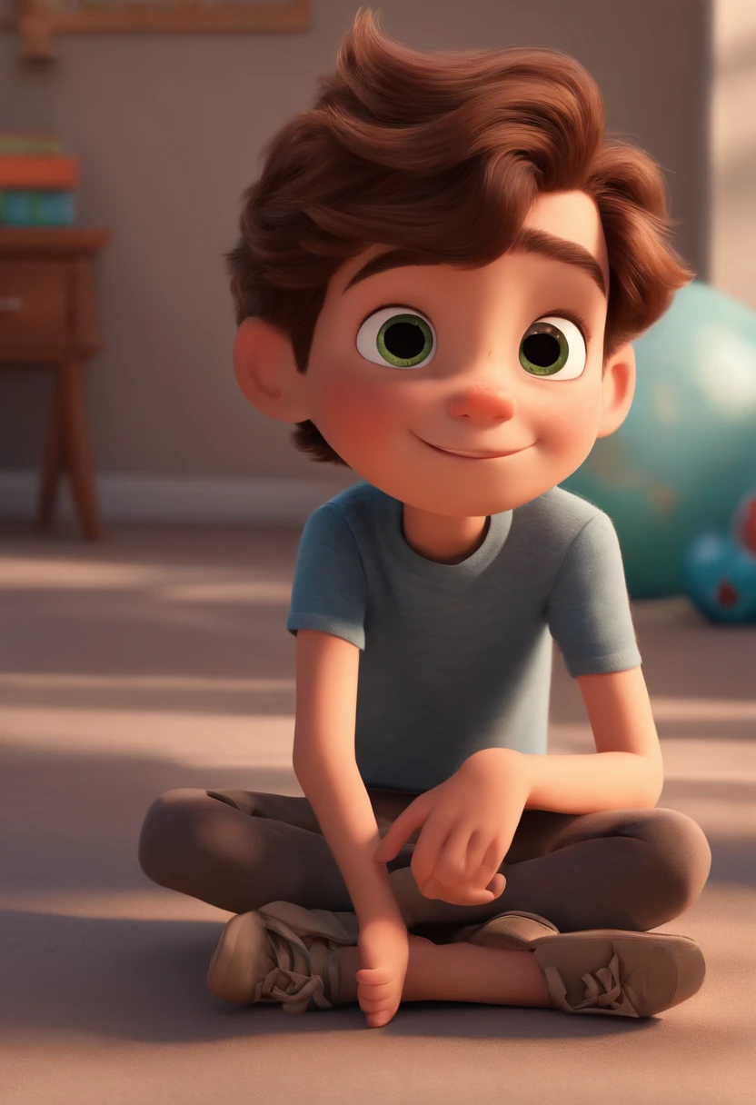 Image of a boy for a story in a YouTube video in Pixar format, He's the allabester, He's the class leader, He's outgoing, Playful and gets up for a lot of things, cabelo curto