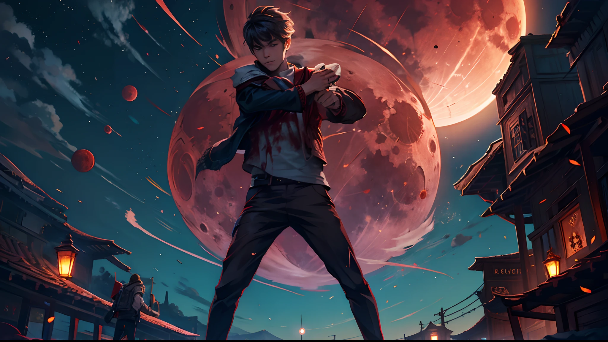 Blood Moon,meteors,Boy student,dark cloude
