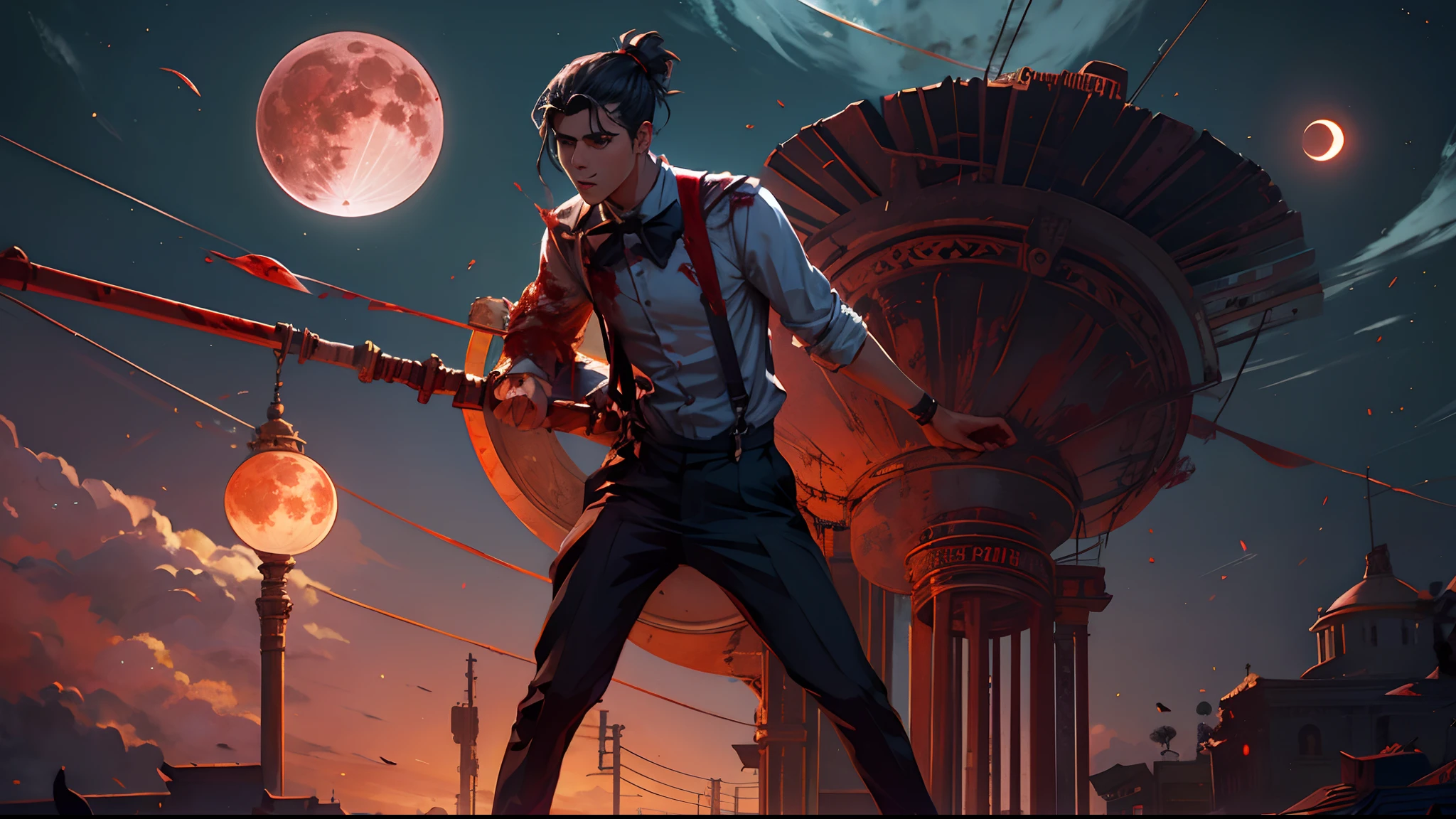 Blood Moon,meteors,,dark cloude,middle parted hairstyle,Suspenders