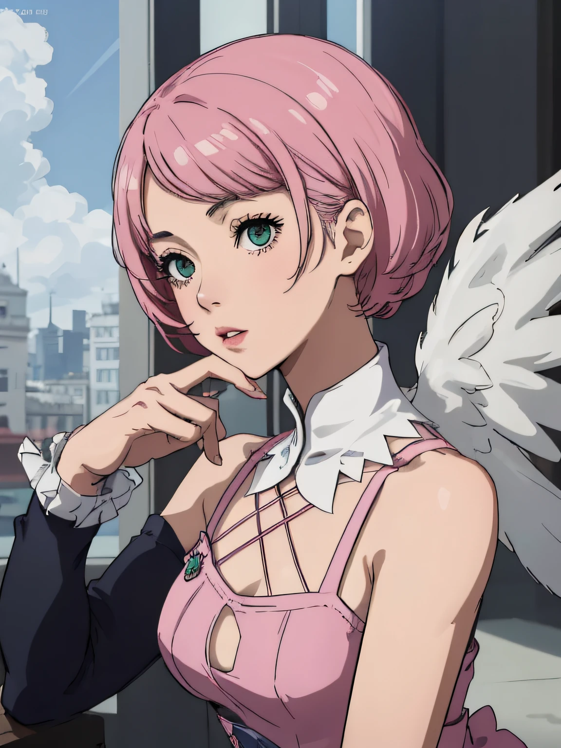 Alisa bosconovitch, melhor qualidade, contemporary, estilo plano, minimalismo, Green Eyes Flat Illustration, cabelo rosa, cabelo curto, cabelos multicoloridos, Camisa Preta, mechanical wings, Head Portrait Close-U, peito pontudo, decote, super decote, middlebreasts, Tekken,cabelo rosa pastel, 1girl, em quimono, hand-painted,Desenho de linha sem cor, colorida do yandere pastel, Tekken, Super cute pink hair girl with gothic makeup on the side, com roupa de empregada,figura esbelta,robusto,He sat on the floor,Vestido com roupas de empregada rosa e branco,cabelos muito curtos,com orelhas de gato,quadratic element,, kawaii cor-de-rosa na roupa da era de 1910, Alisa Bosconovich pink lips, no estilo da paleta de cores suave aurorapunk, an anime illustration of his face, gifs animados, hand drawn animation, charming sketches, suave e brilhante, romantismo nebuloso, Estilo Superflat, fundo branco - ar 1:1 - niji 5 - estilo expressivo --s 50 ,Pink kawaii girl in the era of 1920s clothesPink eagles, vestindo uma camisa branca brilhante, no estilo da paleta de cores suave aurorapunk, an anime illustration of his face, gifs animados, hand drawn animation, charming sketches, suave e brilhante, romantismo nebuloso, Estilo Superflat, fundo branco - ar 1:1 - niji 5 - estilo expressivo --s 50, Absurdo, Alto, ultra detalhados, (1girl:1.3), quebrar , Crie uma imagem com uma bela caligrafia