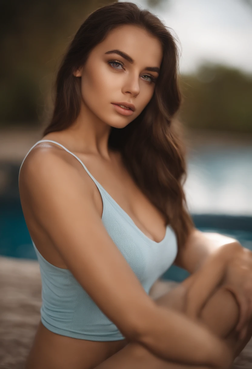 arafed woman with a white tank top and a necklace, sexy girl with green eyes, portrait sophie mudd, brown hair and large eyes, selfie of a young woman, pool eyes, violet myers, without makeup, natural makeup, looking to the sky, face with artgram, subtle makeup, stunning full body shot, piercing green eyes, beautiful angle, attractive pose, cute girl, sexy pose, full body picture, full body, full body shoot, brunette goddess, high detail, satisfied pose, blue bikini , water drops
