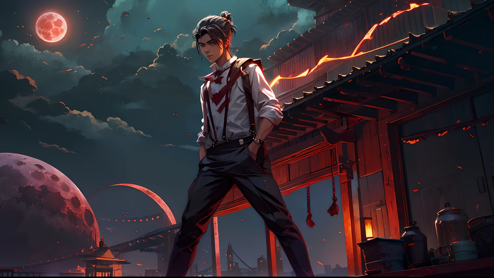 Blood Moon，meteors，Boy student，dark cloude，middle parted hairstyle，Suspenders