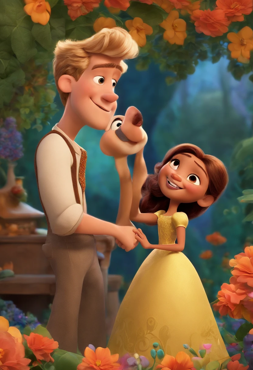 Create a Pixar-style poster titled Me and Him, She's blonde with long straight hair , sorridente, usando um vestido, And he's a media mulatto , Bald man smiling against a floral backdrop with vibrant colors and textures from Disney Pixar with a couple. arte digital deve evocar o estilo da Pixar, Reminiscent of animated features. Focus on character expressions, cores vibrantes, e texturas altamente detalhadas