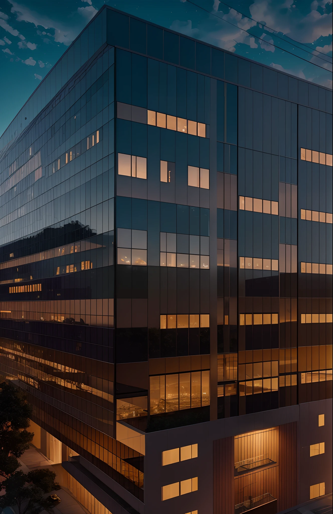 Photorealistic, high resolution. Office building at night. Golden hour. External shot. Cinematic. Wide angle, long shot. 8K Warm lighting --auto --s2