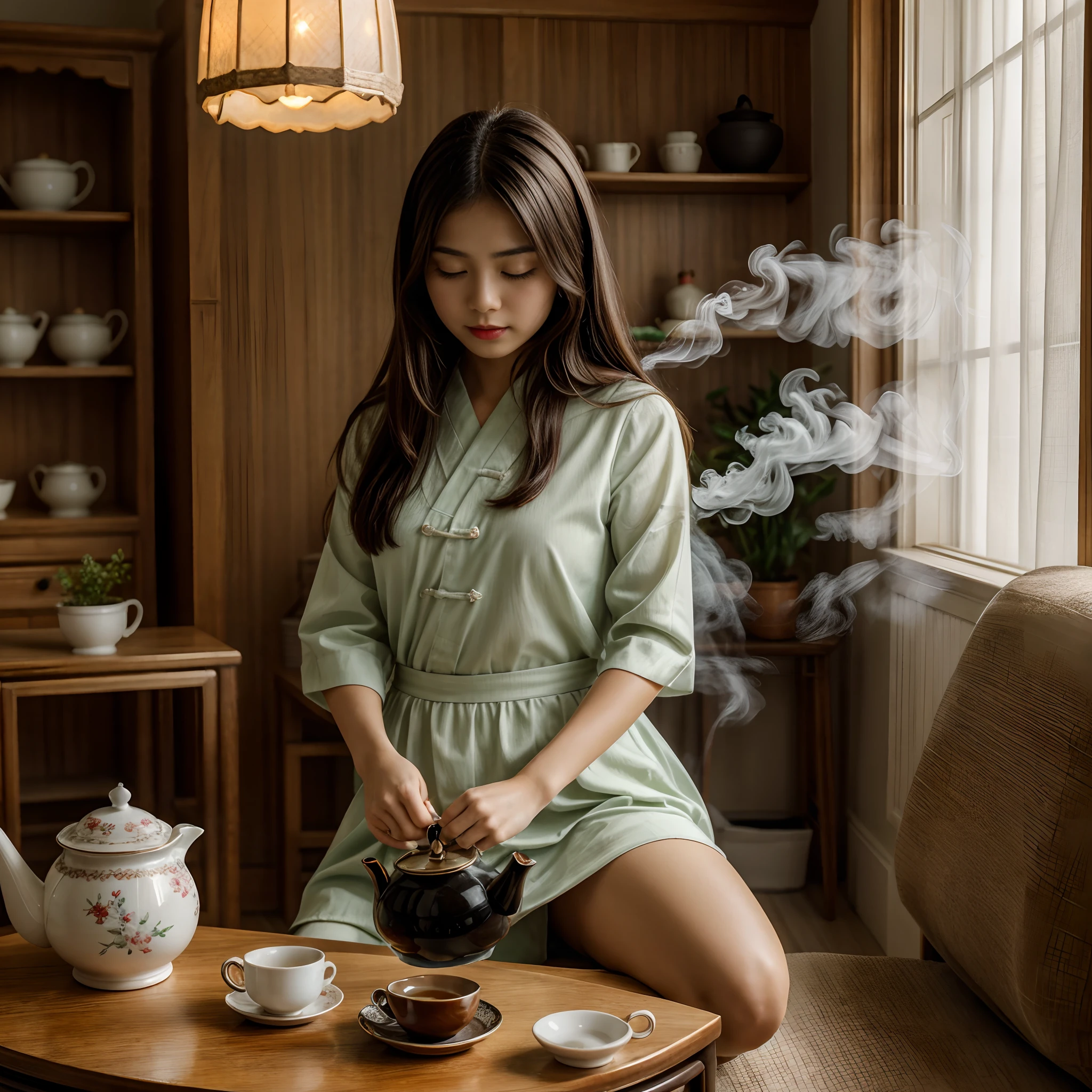 (masterpiece, best quality), 1girl, full body, face, feet, documentary photo of Chinese girl wears typical traditional Chinese dress is intent on the tea ritual. She pours steaming tea into a cup from a teapot. The girl is kneeling and pours steaming tea into a cup from a teapot. The cup is resting on a typical traditional low Chinese coffee table. Typical old Chinese room, smoke in the air, very diffuse light, sensual movements, green_eyes, red lips, slightly open mouth, closed eyes, soft light, high res photo, high detailed, (highly detailed skin:1.2), 16k, High details. ultra high res.photorealistic:1.4, UHD, DSLR, soft lighting, high quality, grain color film, FujifilmXT3, low angle point of view