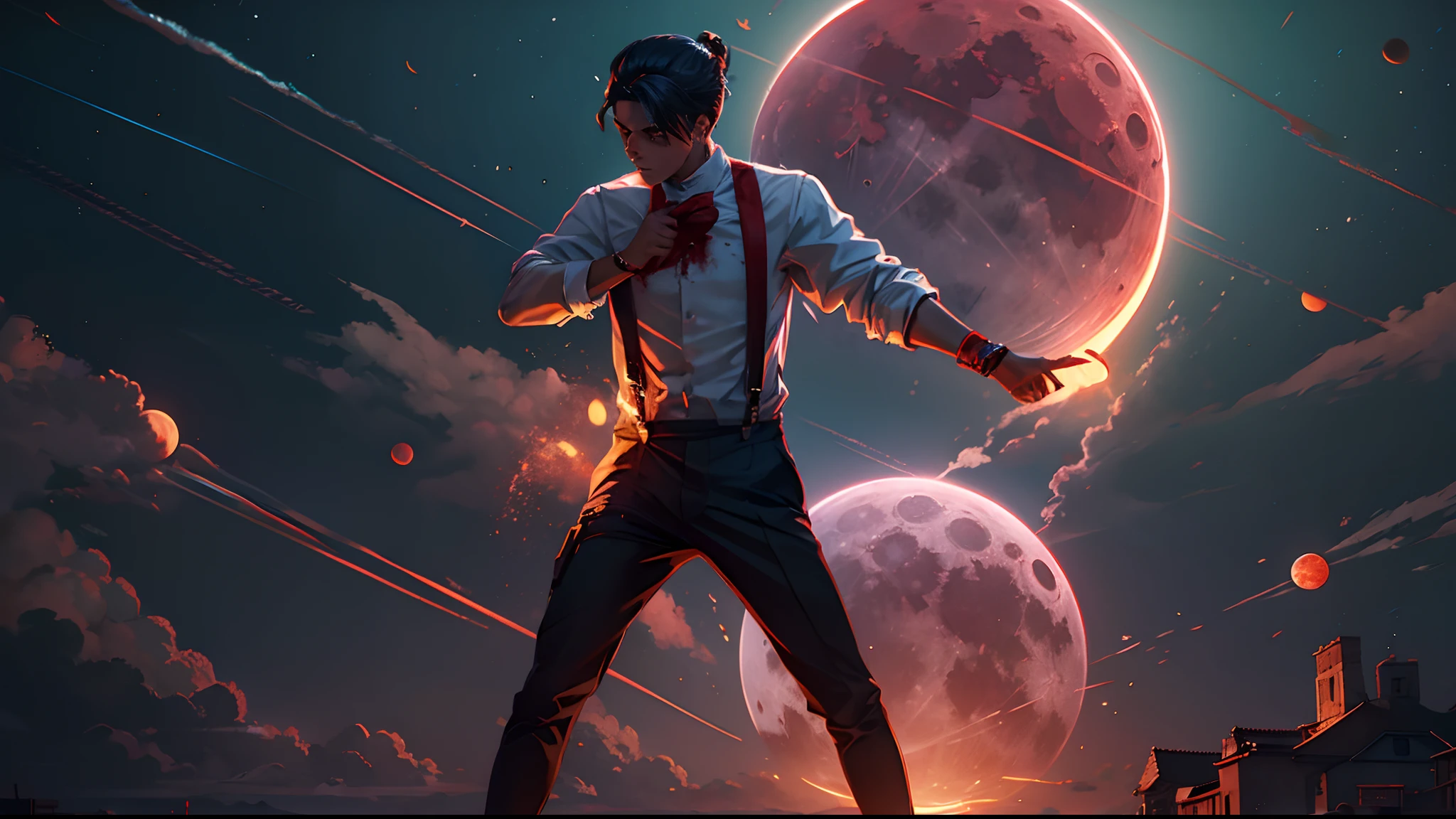 Blood Moon，meteors，Boy student，dark cloude，middle parted hairstyle，Suspenders