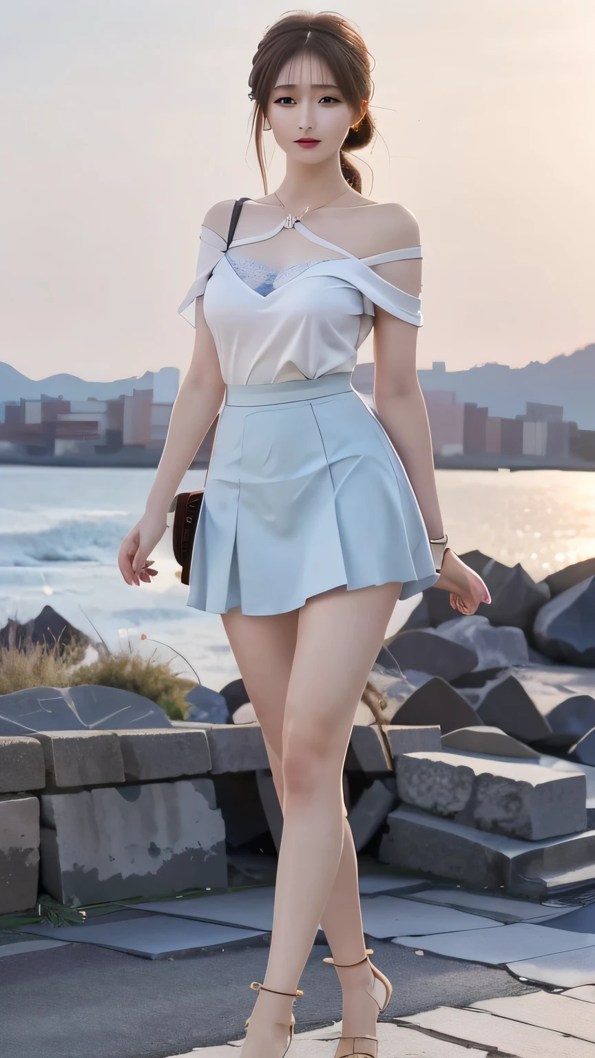 masterpiece, best quality, official art, in focus, full body photo (FLS), FHD, 1080P, 2K, 4K, 8K, Mind-bSoft illuminationlowing Details, Unfathomable, Leica camera, Full Length Shot (FLS), cute, Golden Ratio,Soft illumination,absorbing。 Super detailed, extremely detailed, beautiful and meticulous girl, 1 girl, (perfect female figure), full body, skirt, long legs, no breasts, background by the sea.