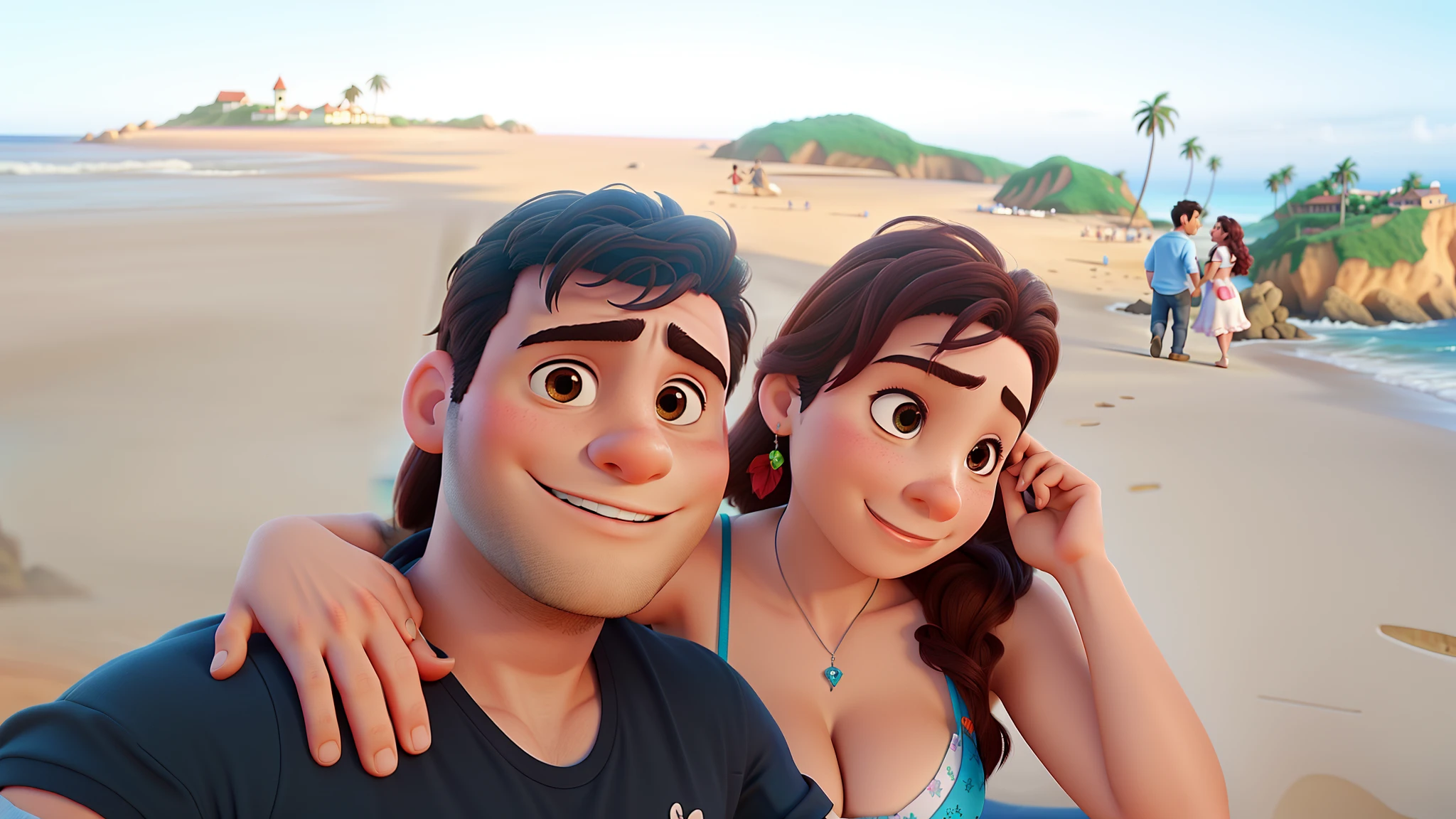 romantic couple, igual aos filmes Disney Pixar, praia