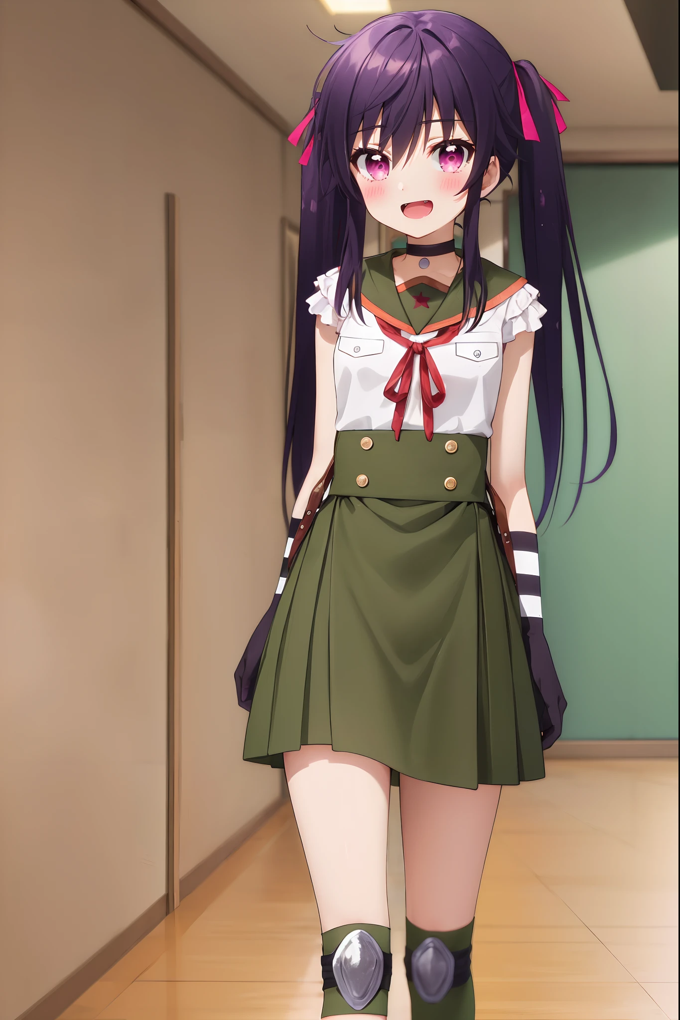 masterpiece, best quality, blush, 1girl, cowboy shot, solo, ebikurumi, long hair, twintails, open mouth, fang, purple eyes, purple hair, knee pads, adventure cloths,, serafuku, green long skirt, pleated skirt, striped gloves, black choker, suspenders, hair ribbon, smile, indoors, school hallway, looking at viewer, depth of field,