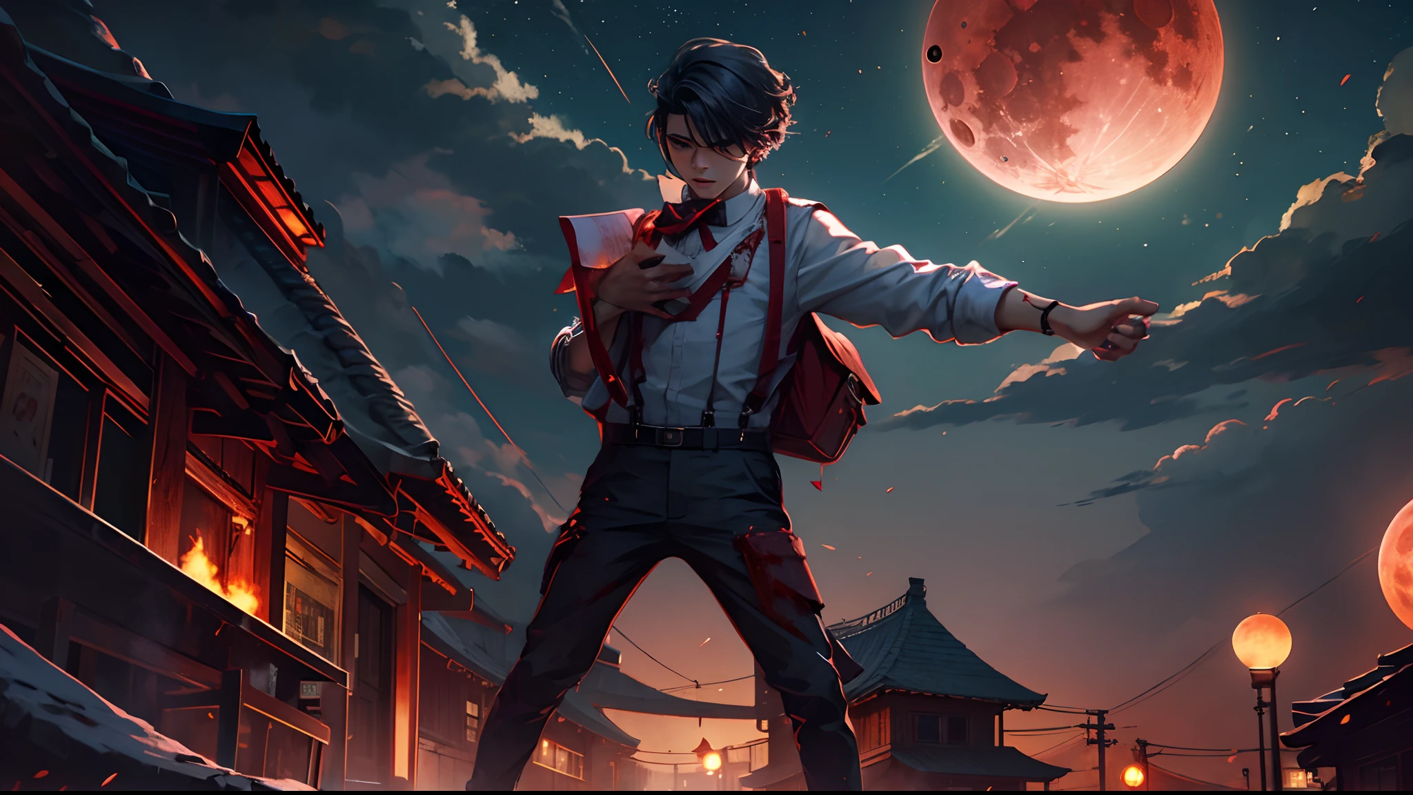 Blood Moon，meteors，Boy student，dark cloude，middle parted hairstyle，Suspenders