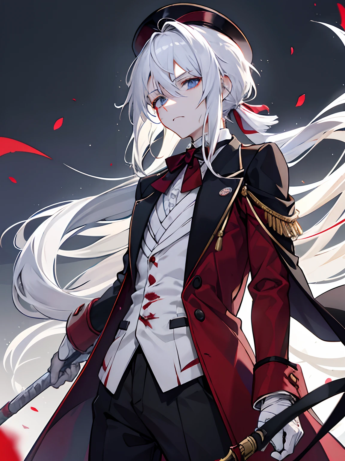 male in his 20s、white hair、poneyTail、tailcoat、Hats、Injured、Clothes are slightly torn、Somewhat bloody、bandaged、grim facial expression、Heavy atmosphere