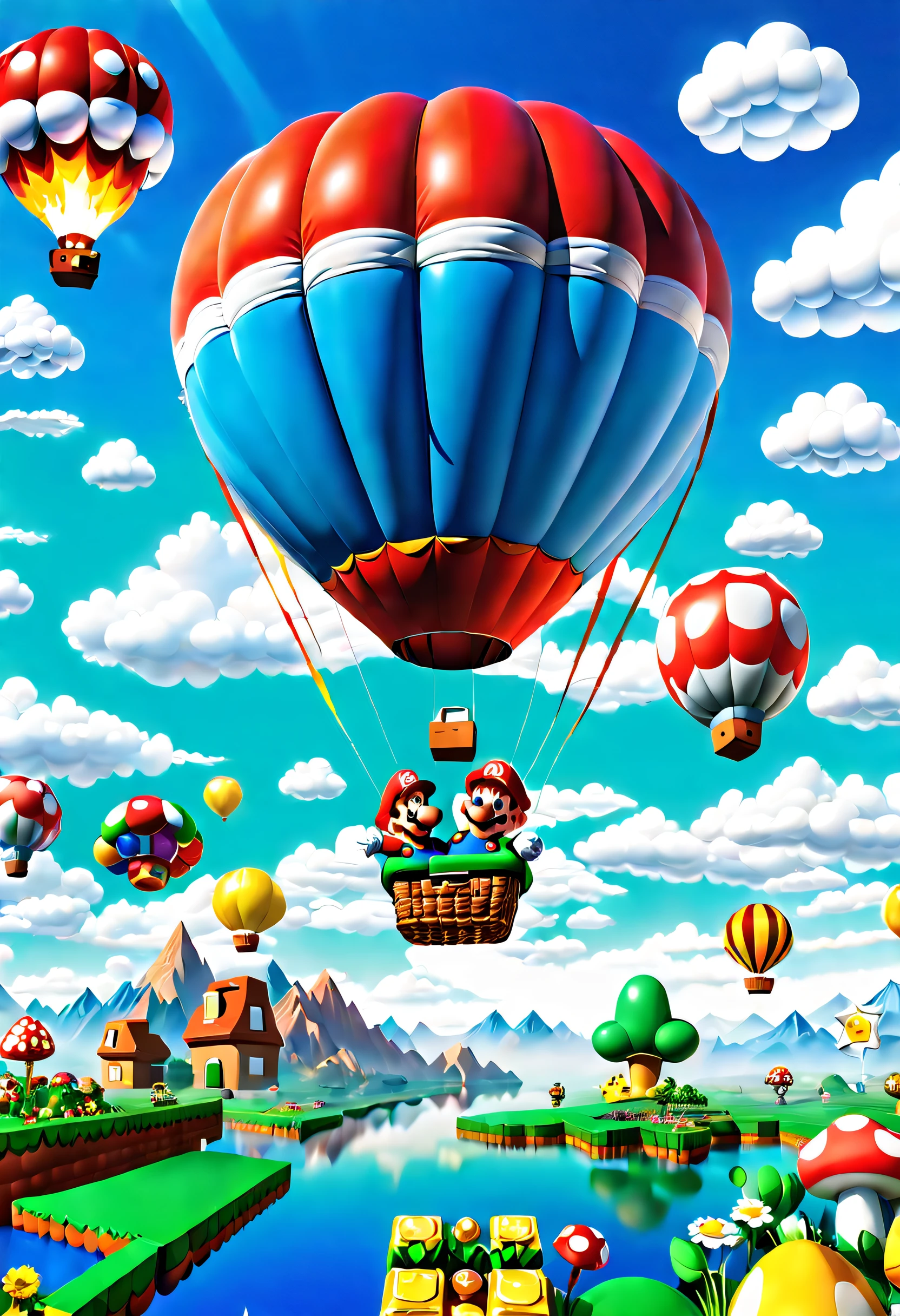 Colorful (hot air balloon:1.1) In a brilliant and colorful sky,A giant hot air balloon floats slowly。This hot air balloon look is completely inspired by the world of the Super Mario game,Decorate with Mario、Luigi、Iconic motifs such as mushrooms and gold coins。The hot air balloon itself takes on a vivid red and blue hue,Present vivid visuals。Its base is decorated with elements of a classic Mario background,Such as grass、clouds and water pipes。The basket of the hot air balloon is made up of blocks from the Mario series,Each square displays a different pattern and color,Create a pixelated feel, absurderes, Ultra detailed, A high resolution, Digital art, vector illustrations, Computer-generated image, Polished graphics, versatile technique, Cutting-edge design