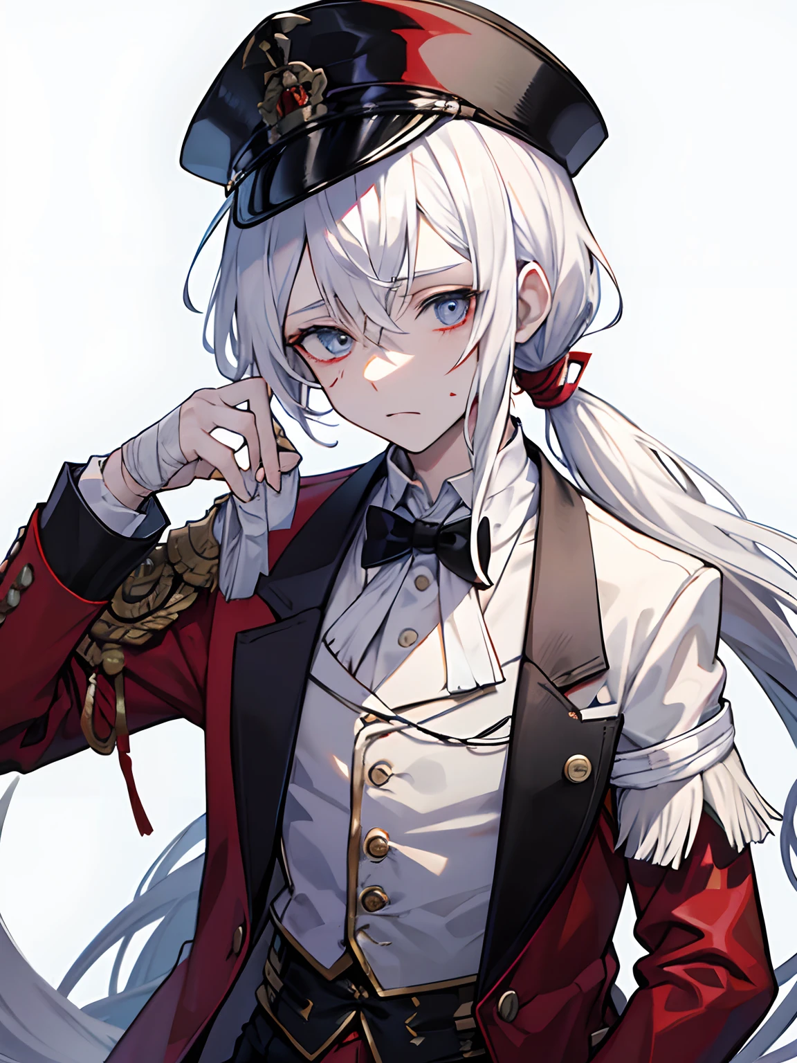 male in his 20s、white hair、poneyTail、tailcoat、Hats、Injured、Clothes are slightly torn、Somewhat bloody、bandaged、grim facial expression、Heavy atmosphere