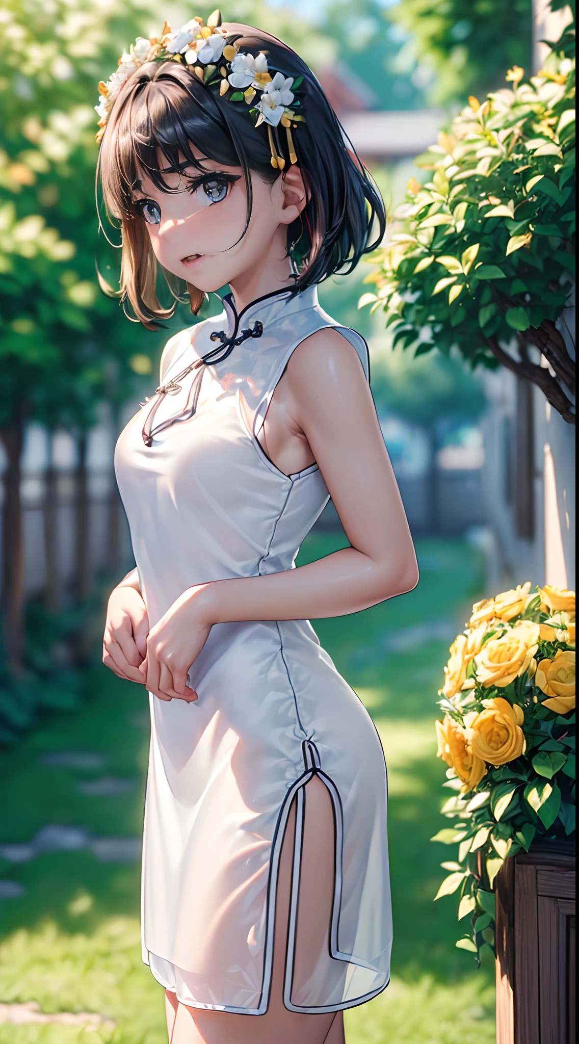 (((masterpiece,top-quality,超A high resolution))),1womanl, ,((()),Beautiful breasts,12year old,,(((Shy look))),((())),((())),,(((Best Quality,4K,in 8K))),((closes mouth)),(((White see-through cheongsam)),