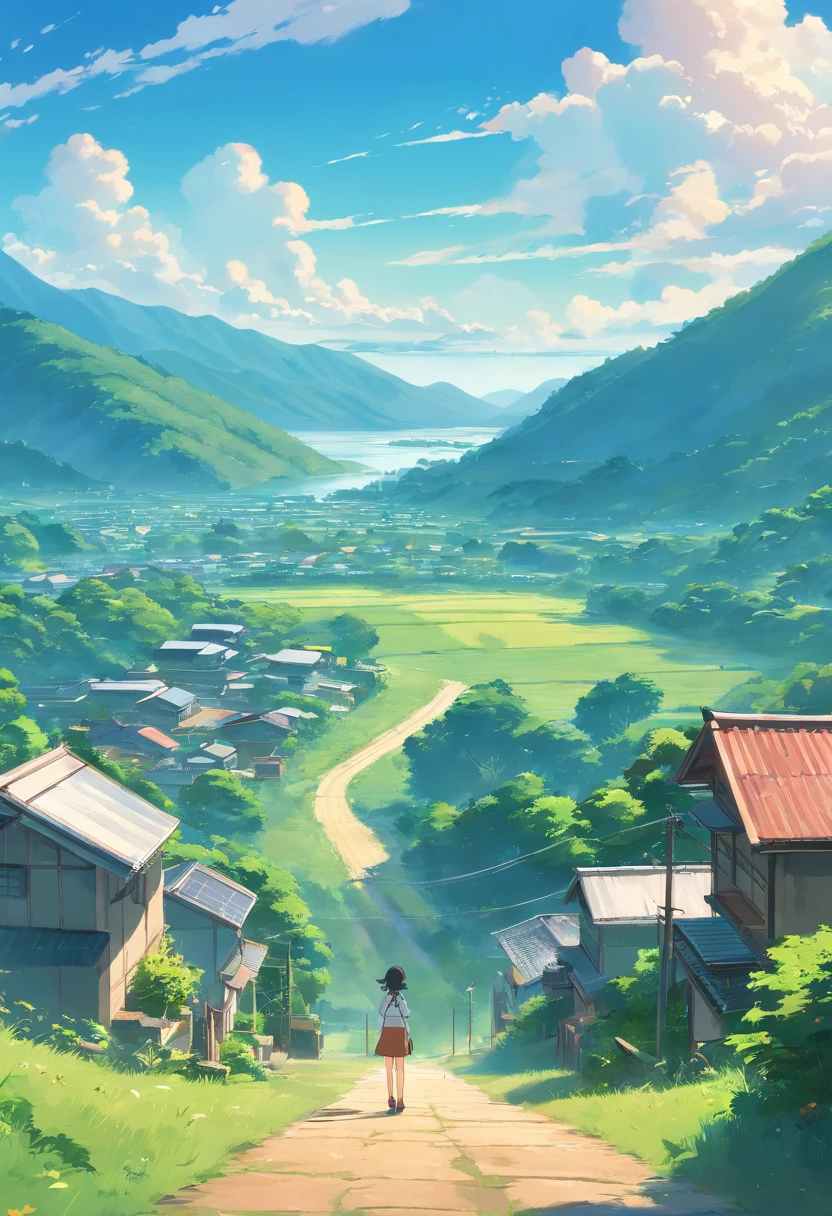 Landscape, Vista da janela, estilo anime, Rural area, com montanhas e nuvens ao fundo.