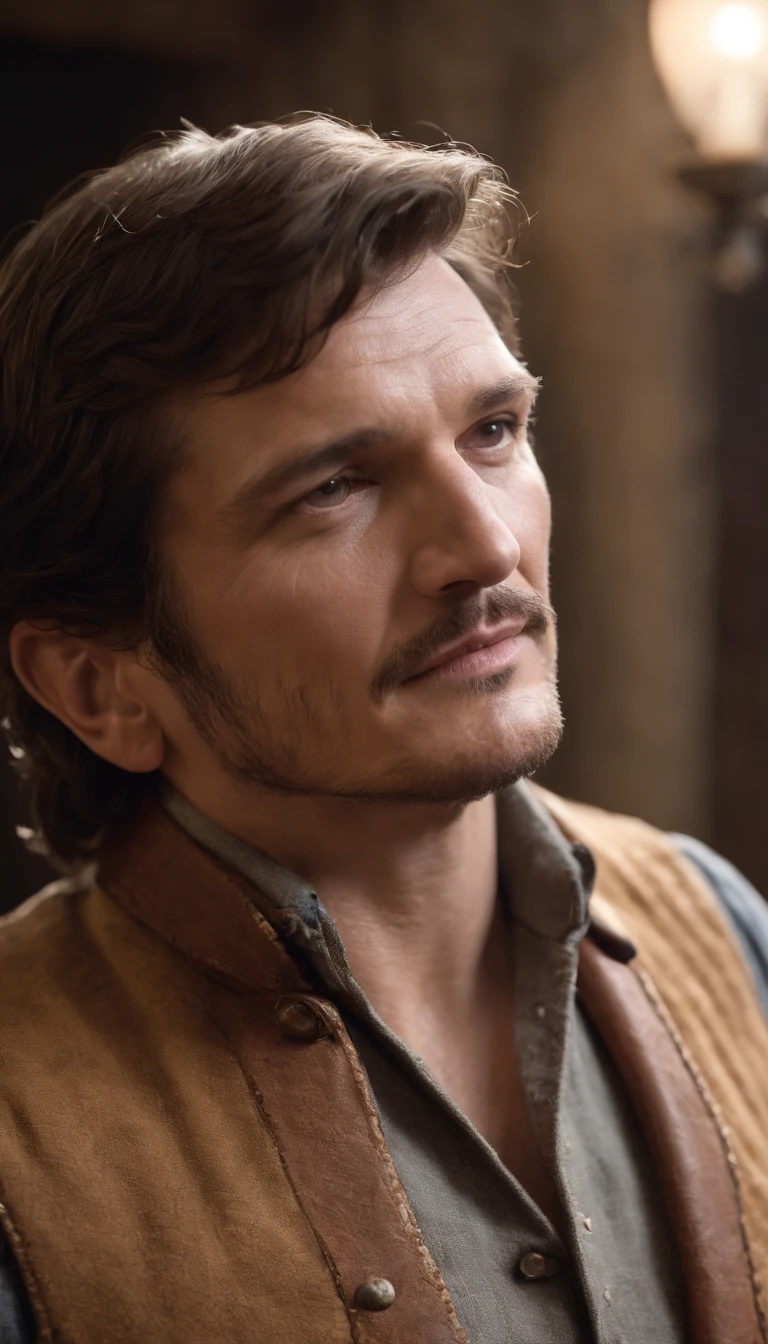 Make a photorealistic portrait of Pedro Pascal using a western-style cowboy interior , fundo branco, medium close up shot, estilo de detalhes ultrafinos, foto de alta qualidade, 105 mm f/1.2, 24 mm,Texturas 4k, soft Cinematic Light, altamente detalhado, foco nítido, hiperdetalhado, baixo contraste, cores fracas, exposure blending,(poeirento:1.3),Volumetric lighting, arte de personagem de corpo inteiro, olhos castanhos
