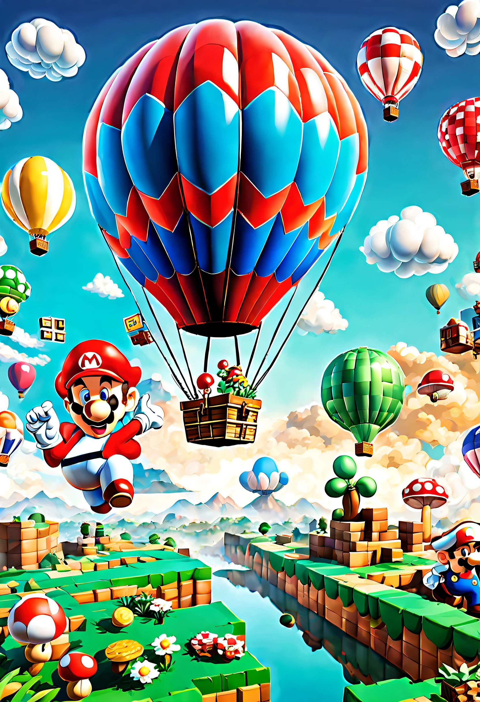 Colorful (hot air balloon:1.1) In a brilliant and colorful sky，A giant hot air balloon floats slowly。This hot air balloon look is completely inspired by the world of the Super Mario game，Decorate with Mario、Luigi、Iconic motifs such as mushrooms and gold coins。The hot air balloon itself takes on a vivid red and blue hue，Present vivid visuals。Its base is decorated with elements of a classic Mario background，Such as grass、clouds and water pipes。The basket of the hot air balloon is made up of blocks from the Mario series，Each square displays a different pattern and color，Create a pixelated feel, absurderes, Ultra detailed, A high resolution, Digital art, vector illustrations, Computer-generated image, Polished graphics, versatile technique, Cutting-edge design