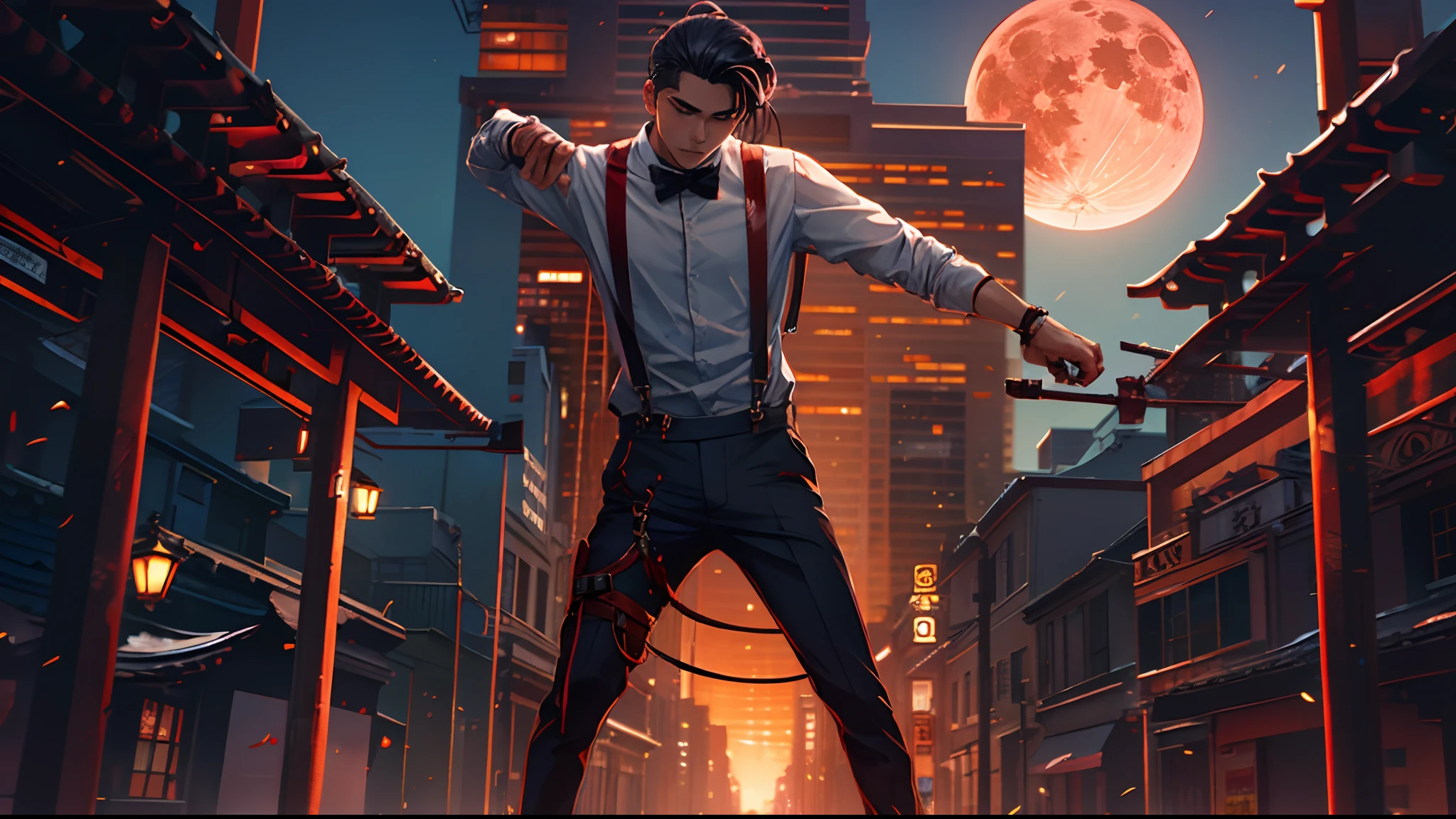 Blood Moon，meteors，Boy student，dark cloude，middle parted hairstyle，Suspenders