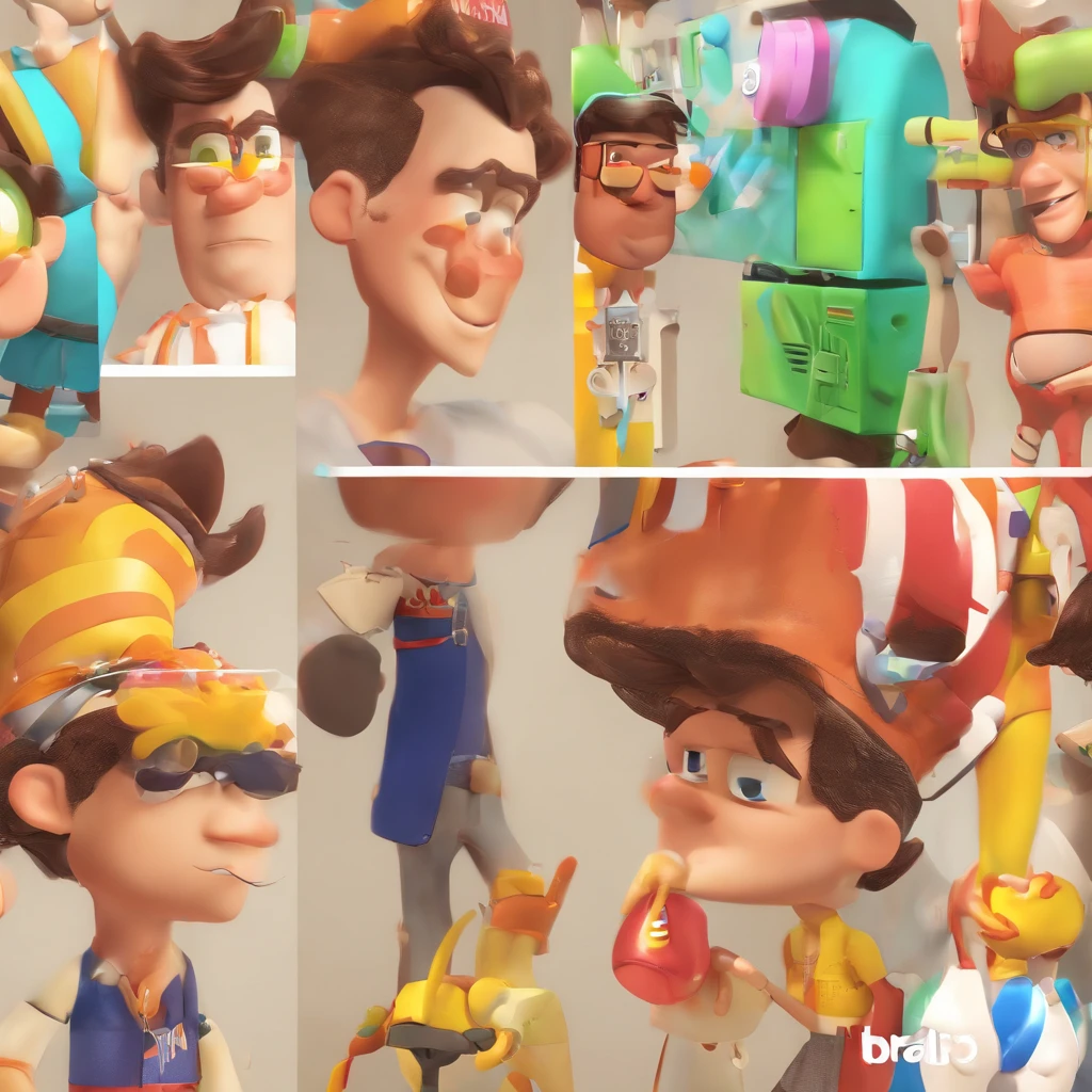 Criar um personagem no estilo Pixar. Trata-se de um homem de 30 anos, com barba, Branco, com cabelos castanhos curtos e um quiff, e olhos castanhos. Ele deve estar na frente de um computador, Trabalhar como designer