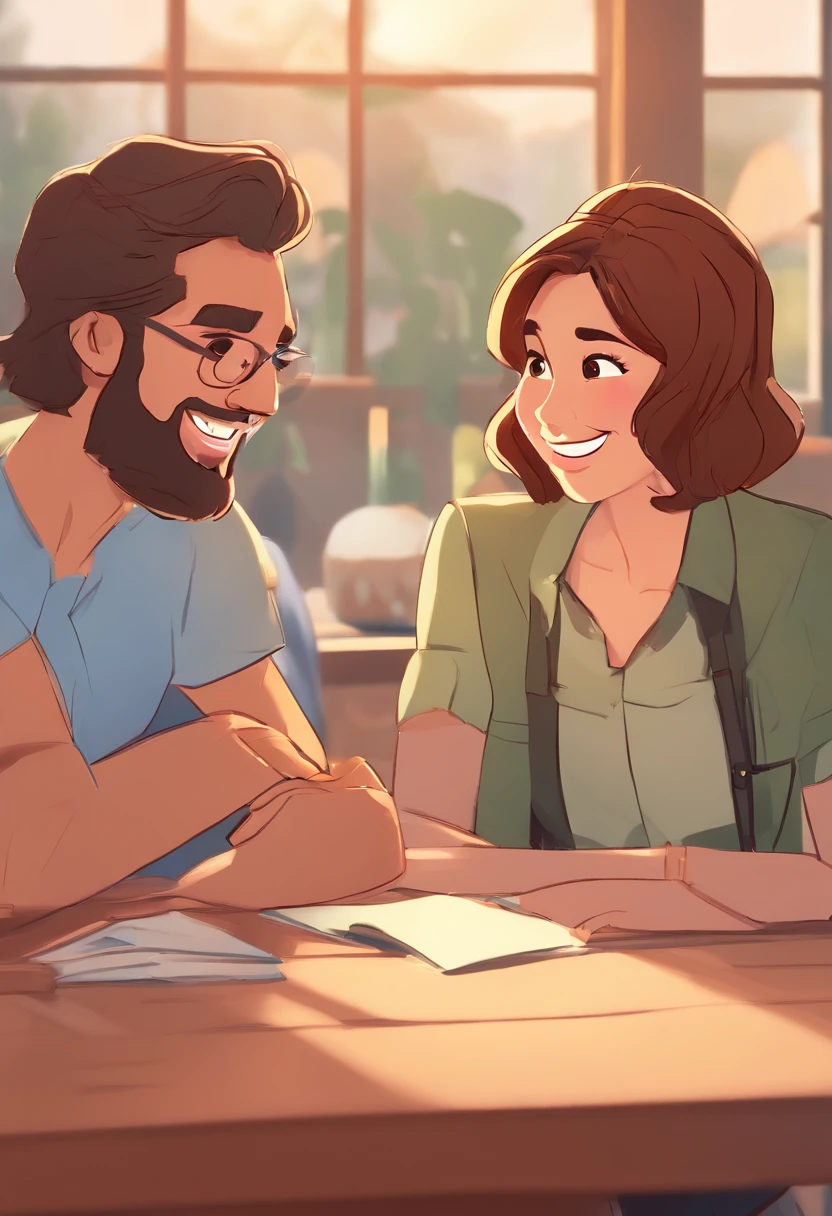 An illustration of an adorable couple, Spotlight on a brunette man with glasses, cabelos curto estilo militar , Very short smiling beard and a short brunette woman with beautiful expressive eyes - the man's skin is light brown and the man's hair has, while the woman's skin is light brown and the woman's hair short curly brown They are a bright room, cada um com um sorriso no rosto, e compartilhar um momento especial caracterizado pelo amor, Insights. Illustrate this scene from a perspective where they are facing the camera, Smiling and Showing Your Connection. Desenvolva esta arte em Full HD, Focus on your cinematic touch, Estilo Disney Pixar Animations
