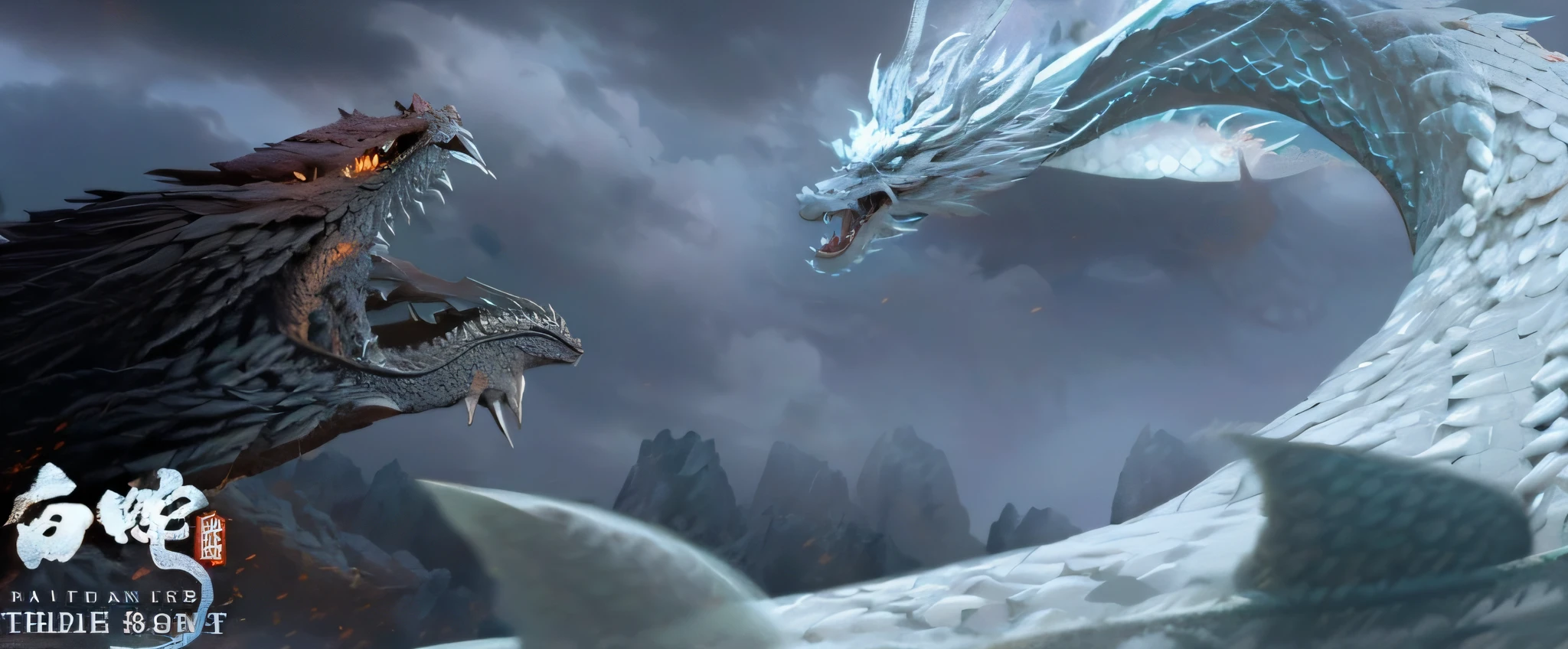 The scene features a dragon and a dragon-like creature, Frost Dragon, dragon flying in the background, battle with dragon, CG art, lightning dragons attack, Dragon in the background, dragons flying in the sky, fantasy movie still, .CGI, dragons flying around, Ice and fire, charging through a dragons lair, giant dragon flying in the sky