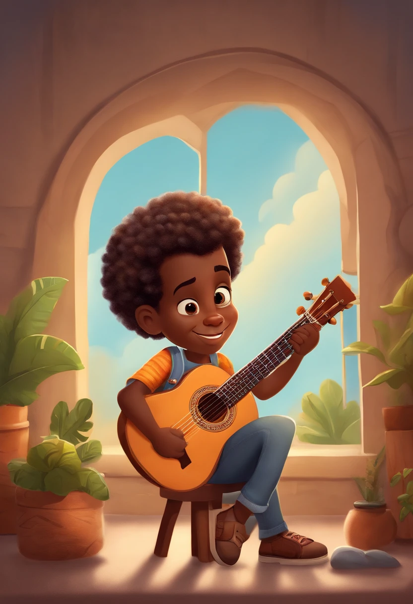 crie um banner no estilo Pixar. A boy with African features, moreno pardo com cabelos curtos, Castanhos escuros, Curly and slightly grayish appearance, mas jovem, usando uma camiseta, Wearing jeans and holding a classical guitar with 7 strings.
