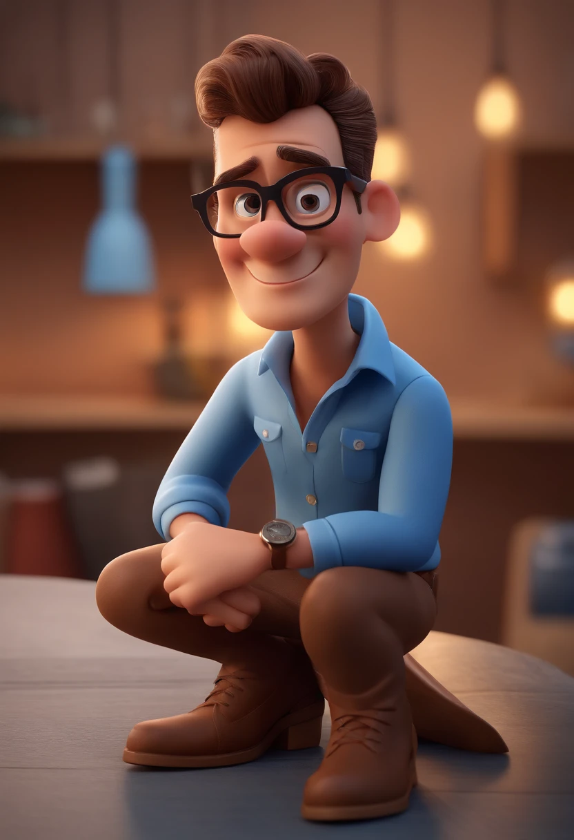 Cartoon character of a man with black glasses and a blue shirt, animation character, Caractere estilizado, animation style rendering, 3D estilizado, Arnold Maya render, 3 d render stylized, toon render keyshot, Personagem 3D, Personagem 3D, 3d rendering stylized, 3 d character render, personagem de desenho animado, Personagem de close up, Pose de personagem,  (Estilo Pixar) (master part:1.2) (Bokeh) (best quality) (pele detalhada) (textura detalhada) (8k) (argila) (Cinematic lighting) (foco nítido
