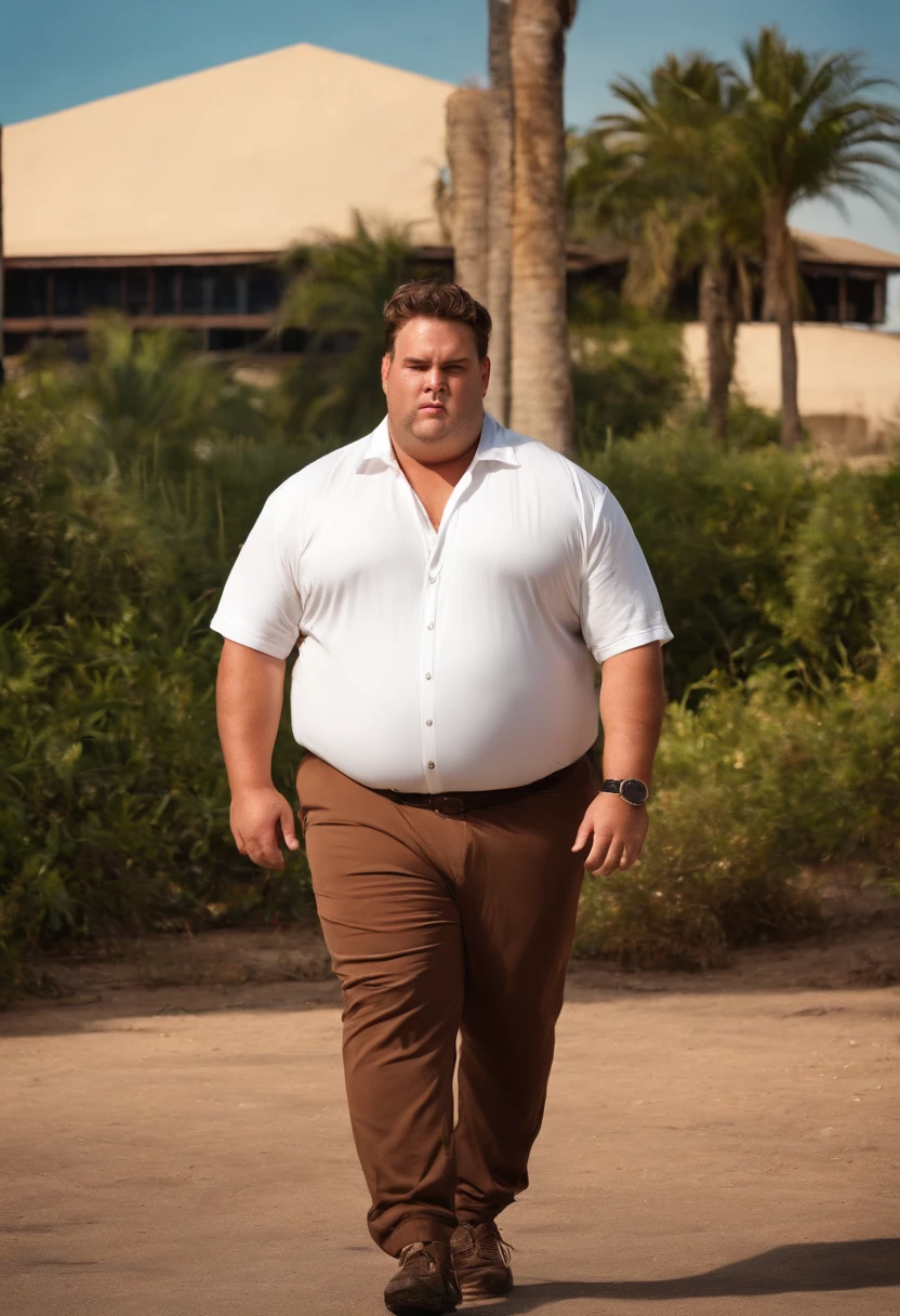 Overweight male, large exposed belly, stained white shirt, greasy sweatpants, brown hair, sweating profusely, fat thighs