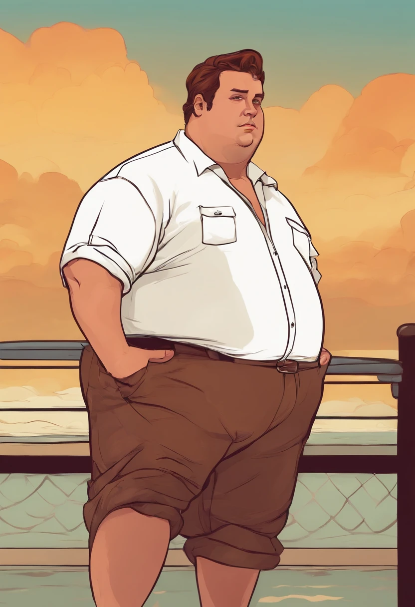 Overweight male, large exposed belly, stained white shirt, greasy sweatpants, brown hair, sweating profusely, fat thighs